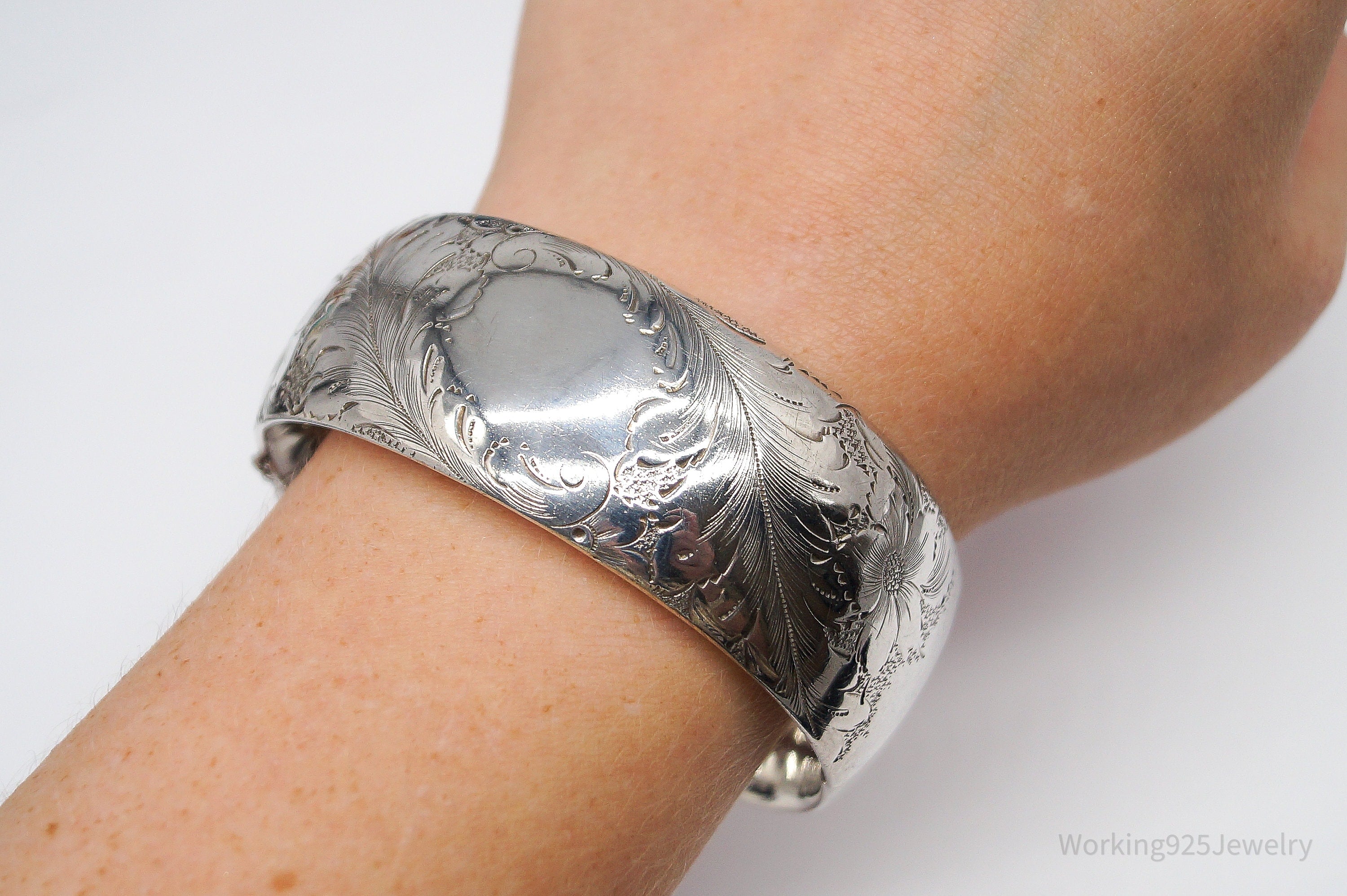 Antique Walter E Hayward Art Nouveau Etched Sterling Silver Bracelet - 7 1/8"