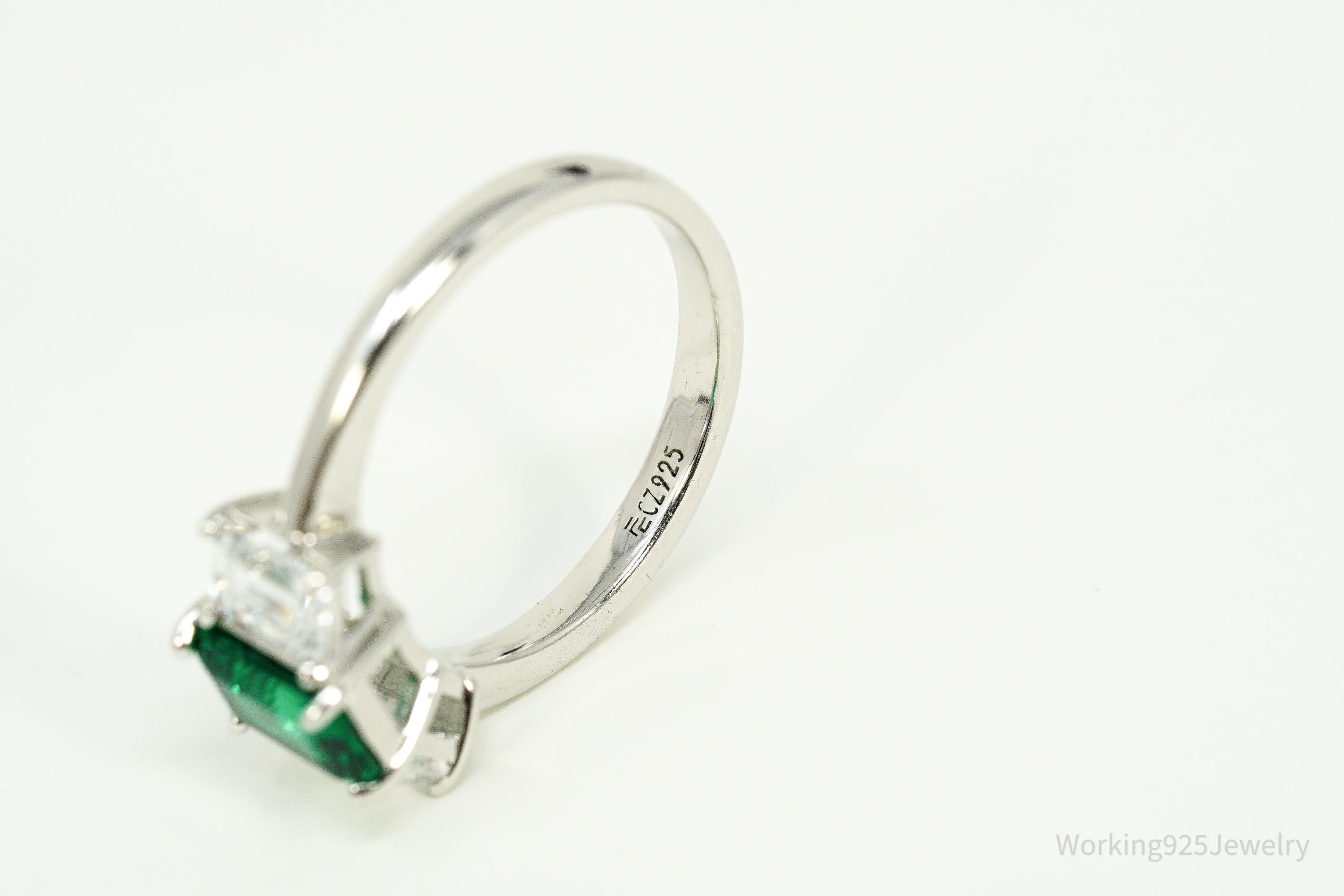 Vintage Lab Emerald & Cubic Zirconia Sterling Silver Ring - Size 8