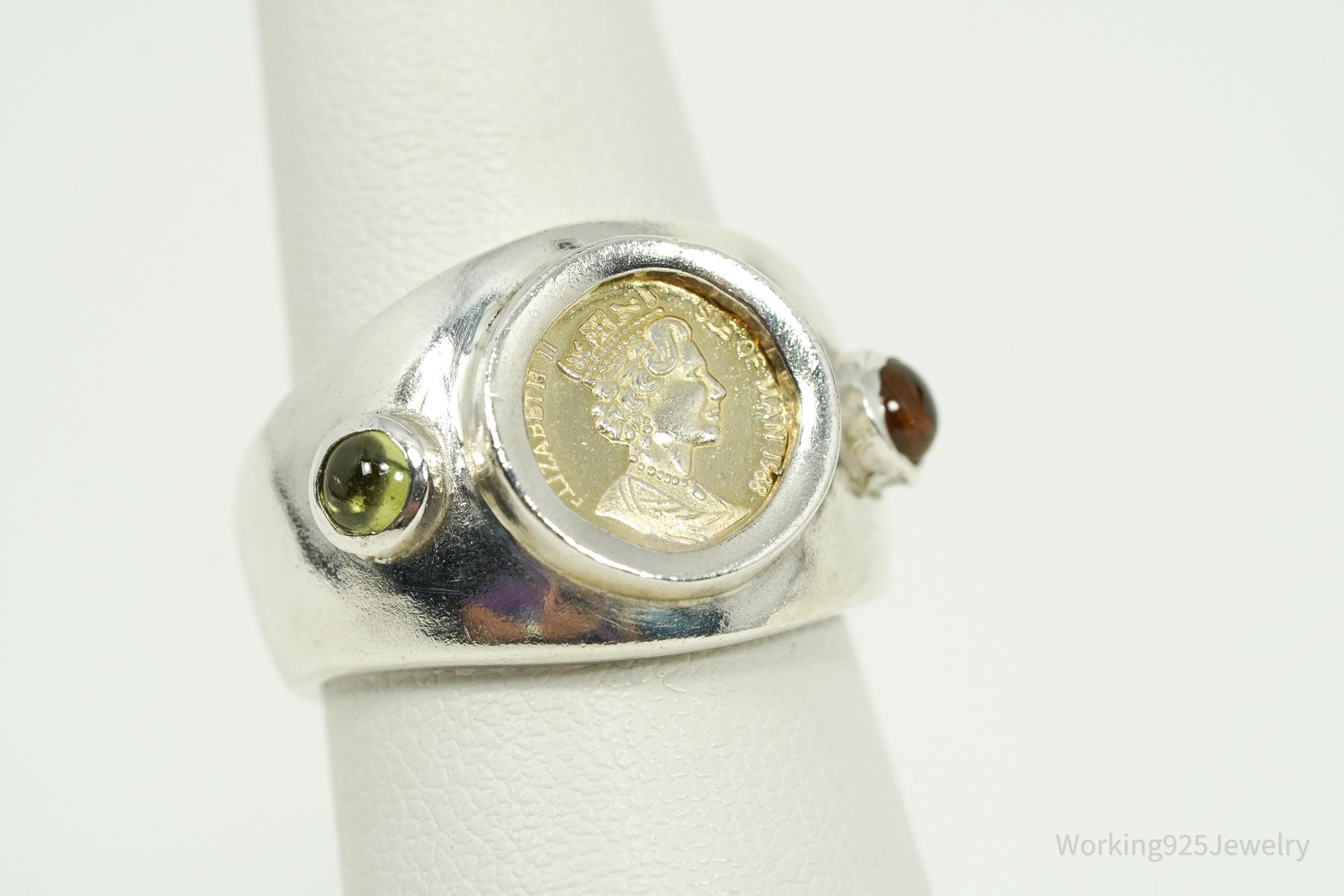 Vintage 1988 Queen Elizabeth II Isle of Man Coin Sterling Silver Ring - Size 6.75