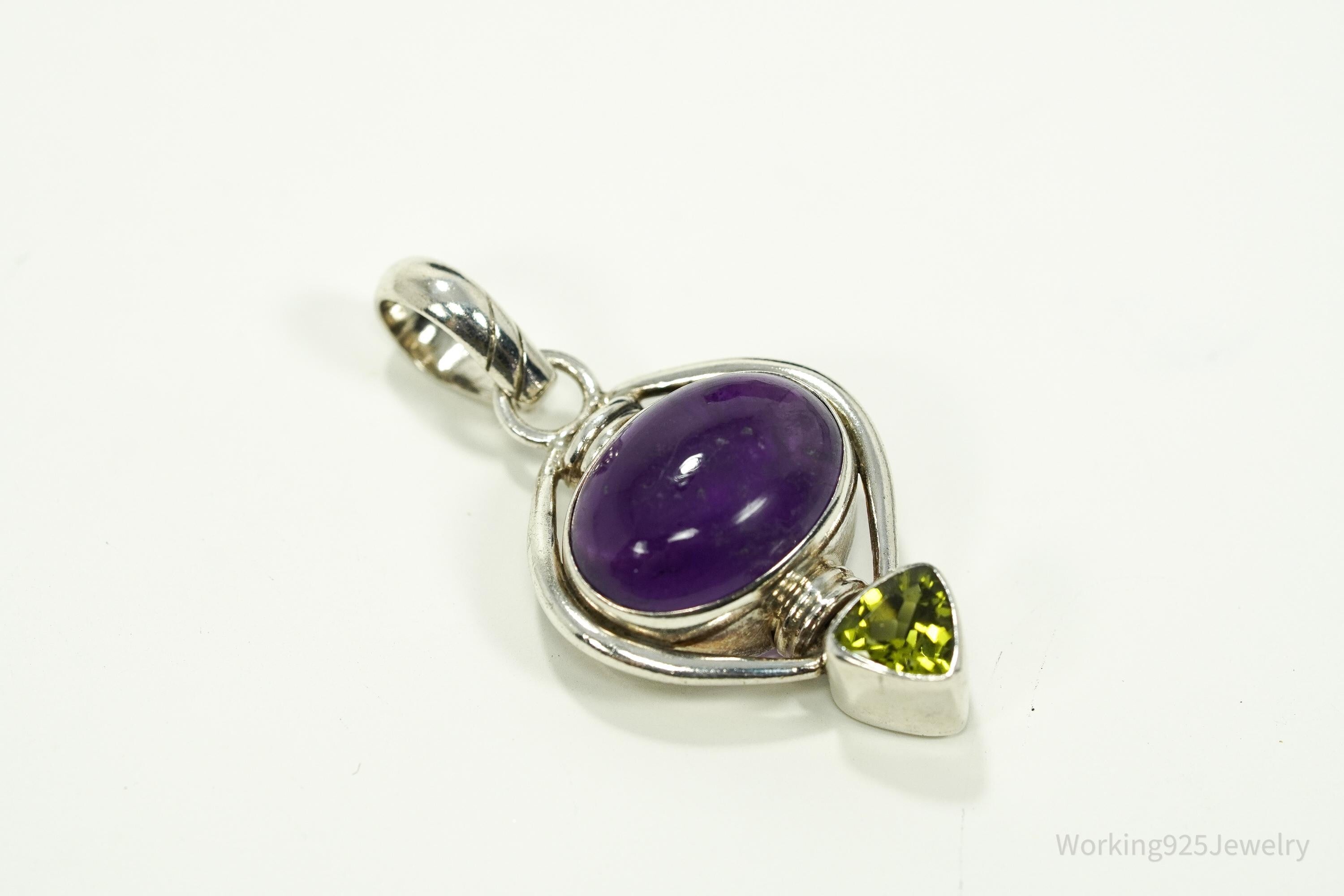 Vintage Amethyst Peridot Sterling Silver Bali Style Necklace Pendant