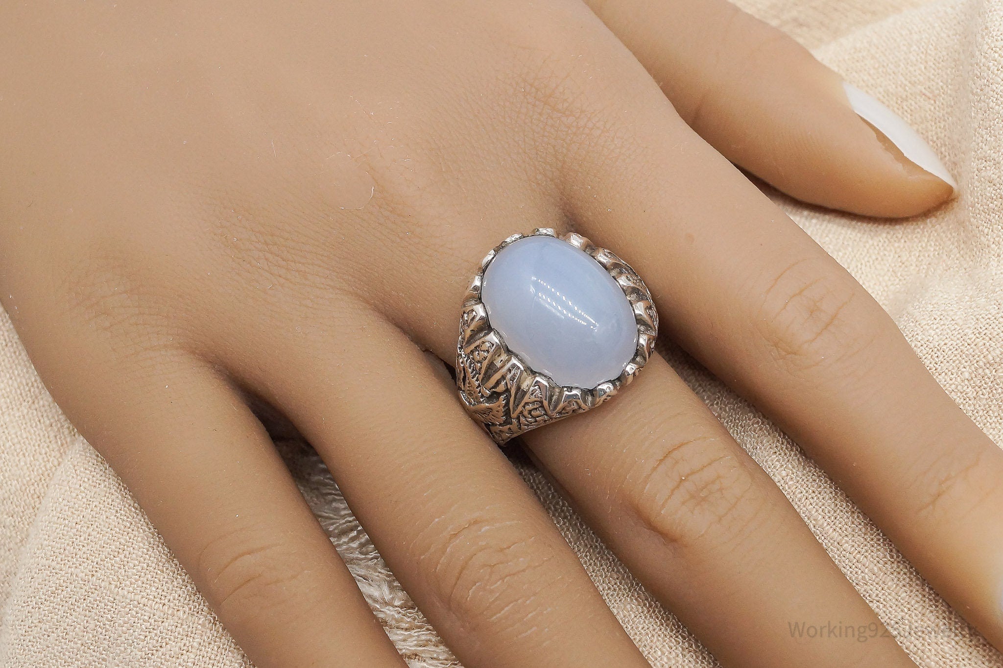 Vintage Large Chalcedony Sterling Silver Ring - Size 9.5