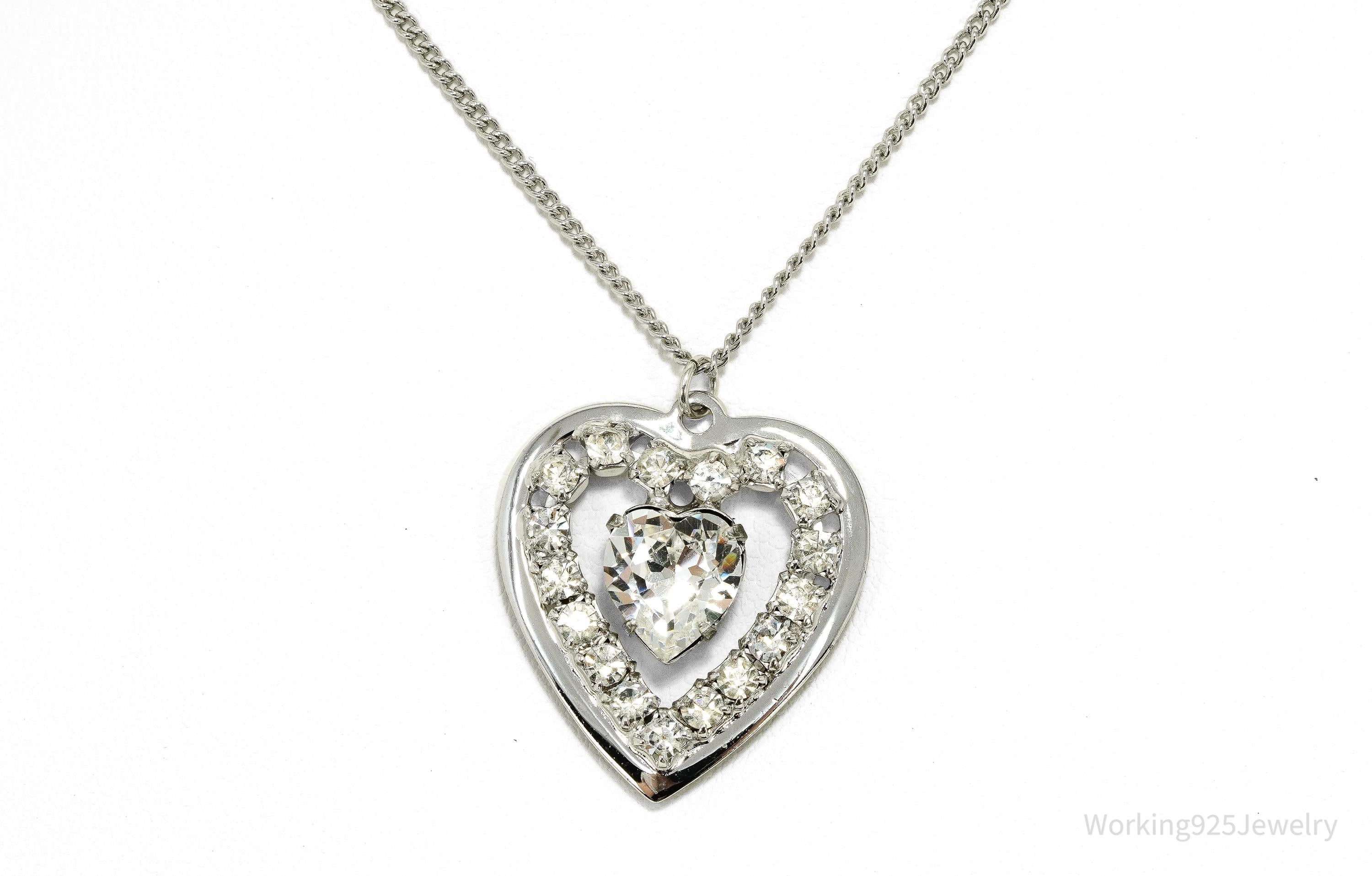 Vintage Faux Diamonds Sterling Silver Heart Chain Necklace 17"