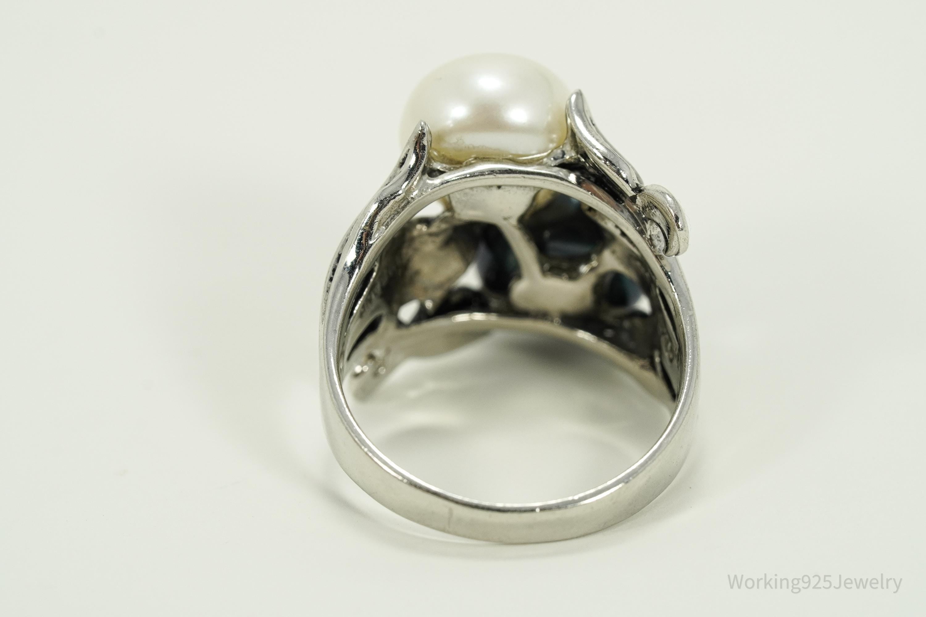 Vintage Designer CFJ White & Tahitian Pearl Sterling Silver Ring Size 7.25