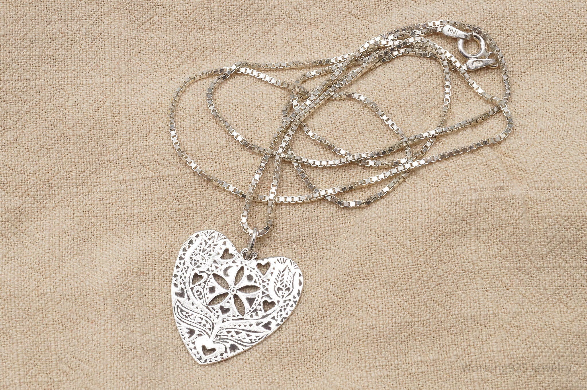 Vintage Ornate Heart Sterling Silver Necklace 24"