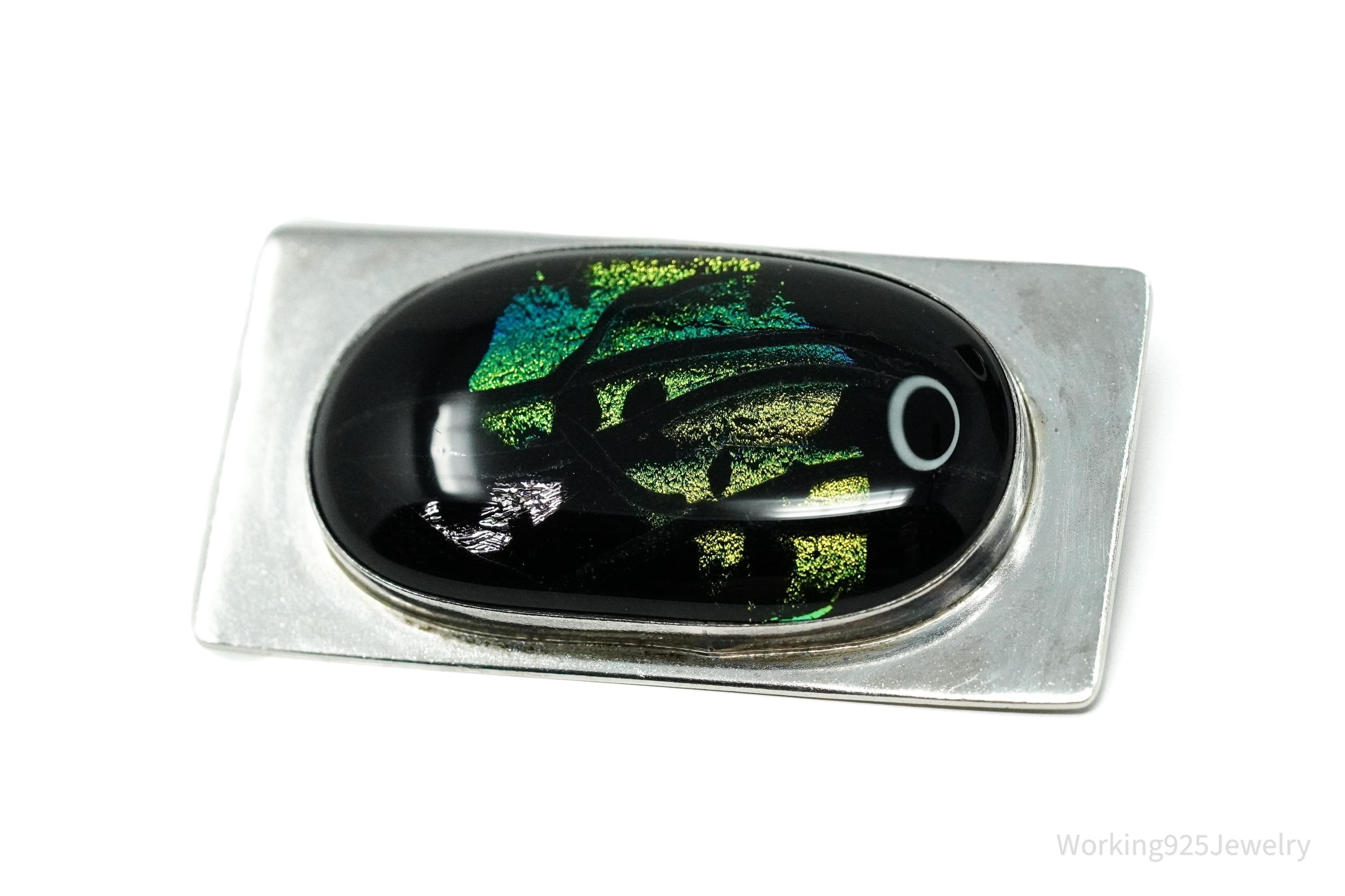 Vintage Large Dichroic Glass Sterling Silver Brooch Pin Pendant