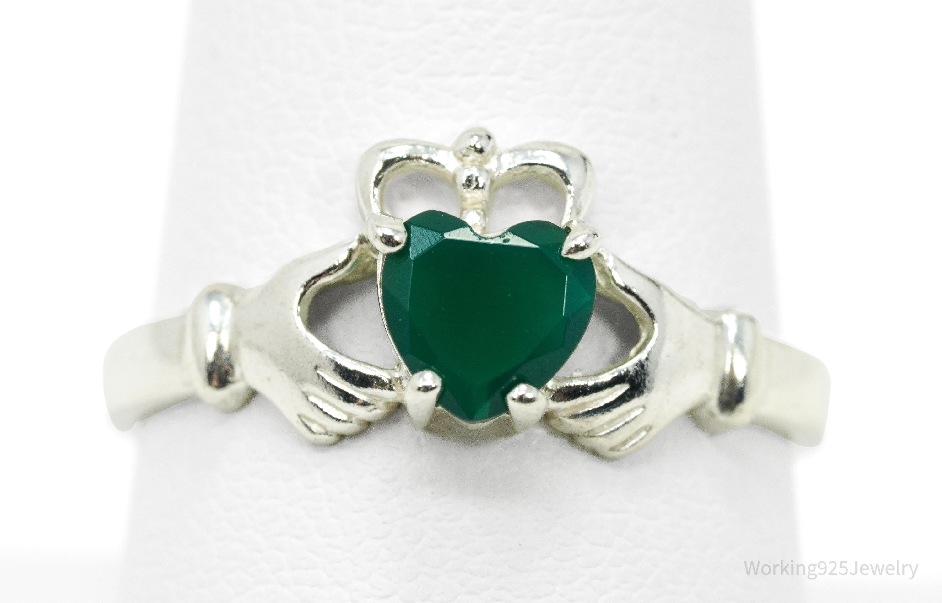 Vintage Green Onyx Heart Claddagh Sterling Silver Ring - Size 9