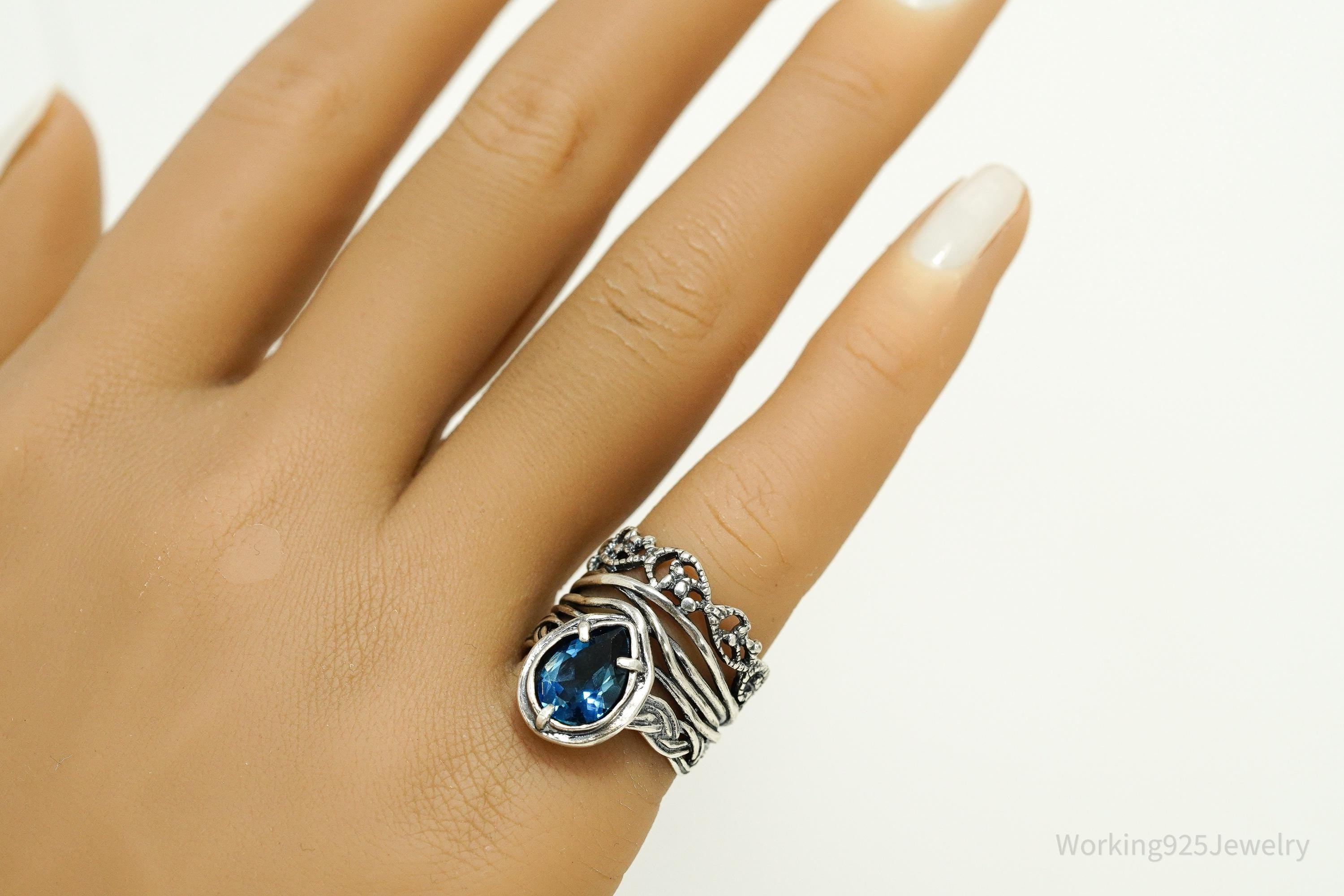 Vintage Israel Designer Paz PZ Blue Topaz Sterling Silver Ring - Size 6.25