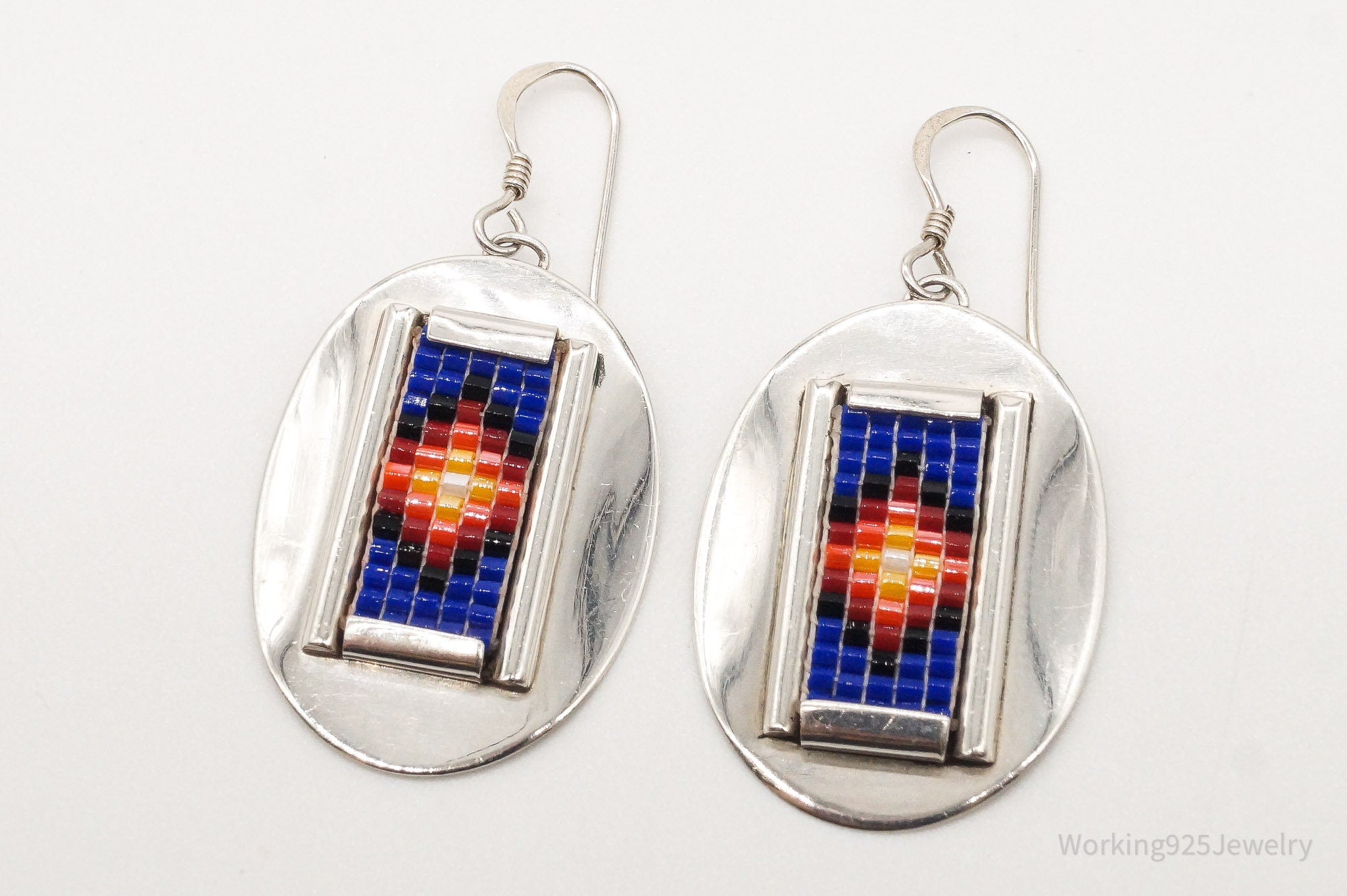 Vintage Native American Bead Inlay Sterling Silver Earrings