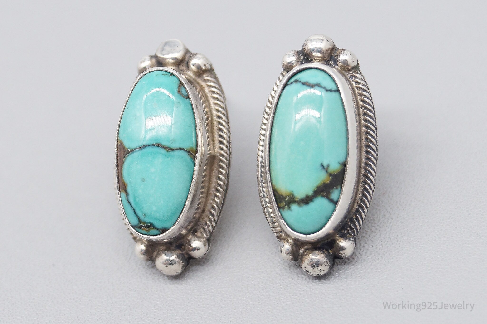 Vintage Native American JW Turquoise Sterling Silver Earrings