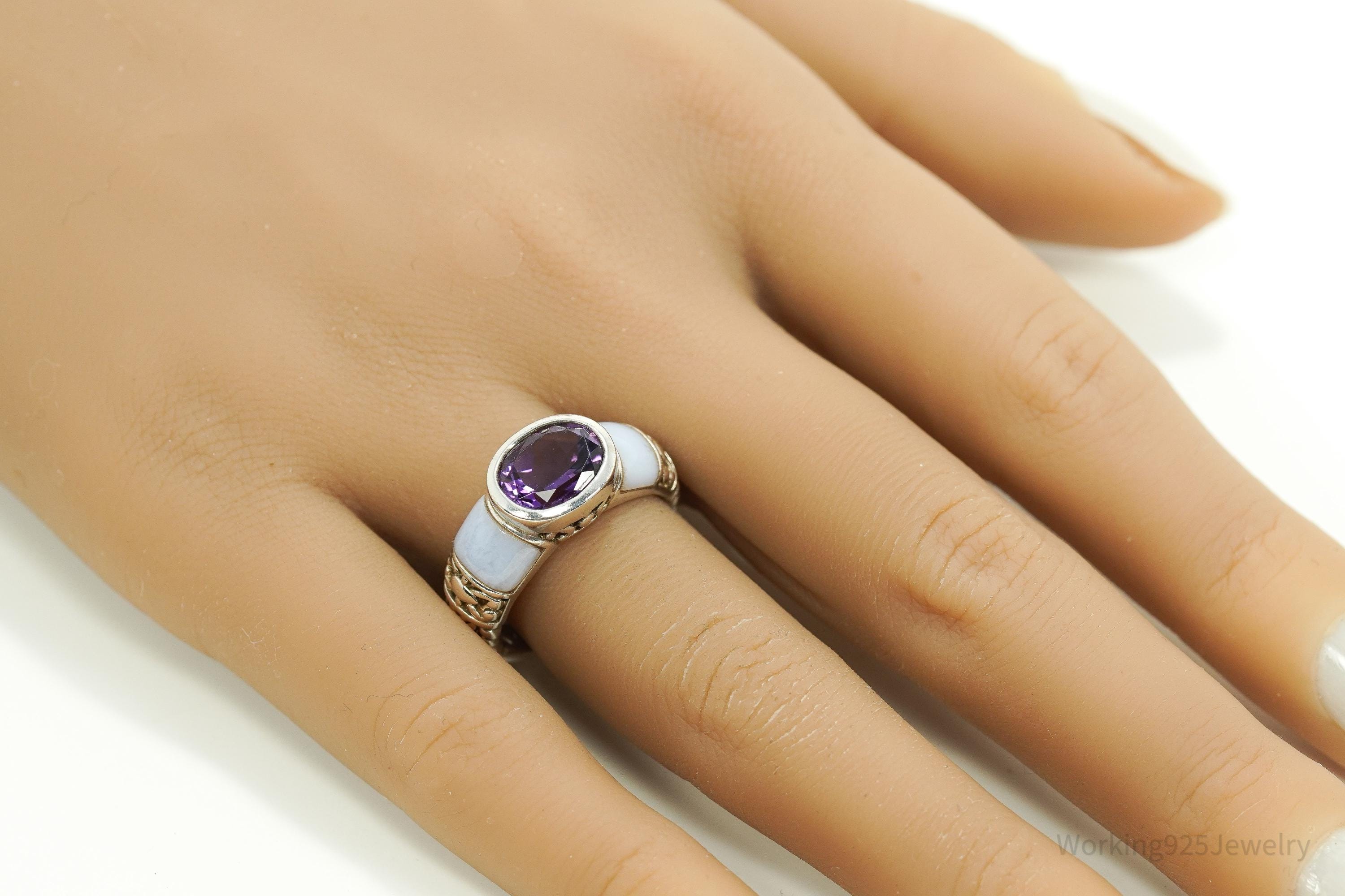 Vintage Amethyst & Blue Chalcedony Sterling Silver Ring - Size 8.25