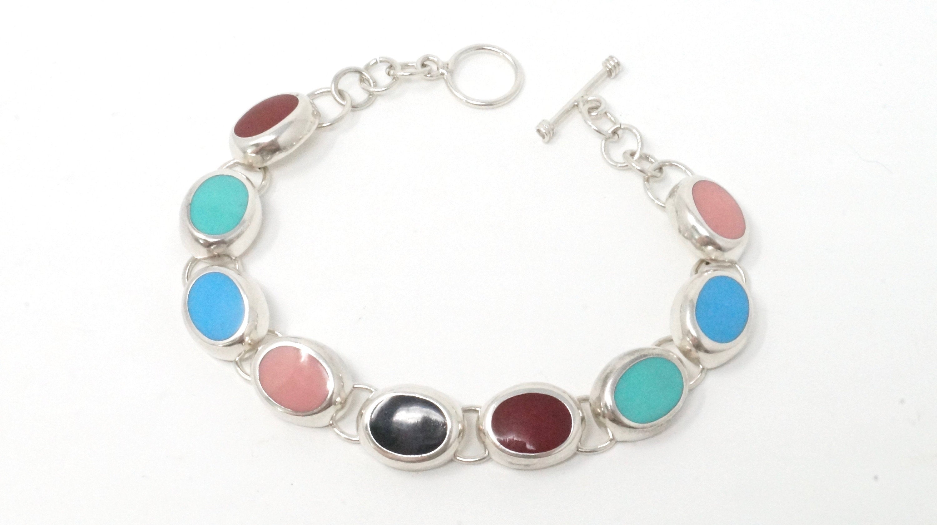 Vintage Mexico Multi Color Inlay Sterling Silver Toggle Bracelet