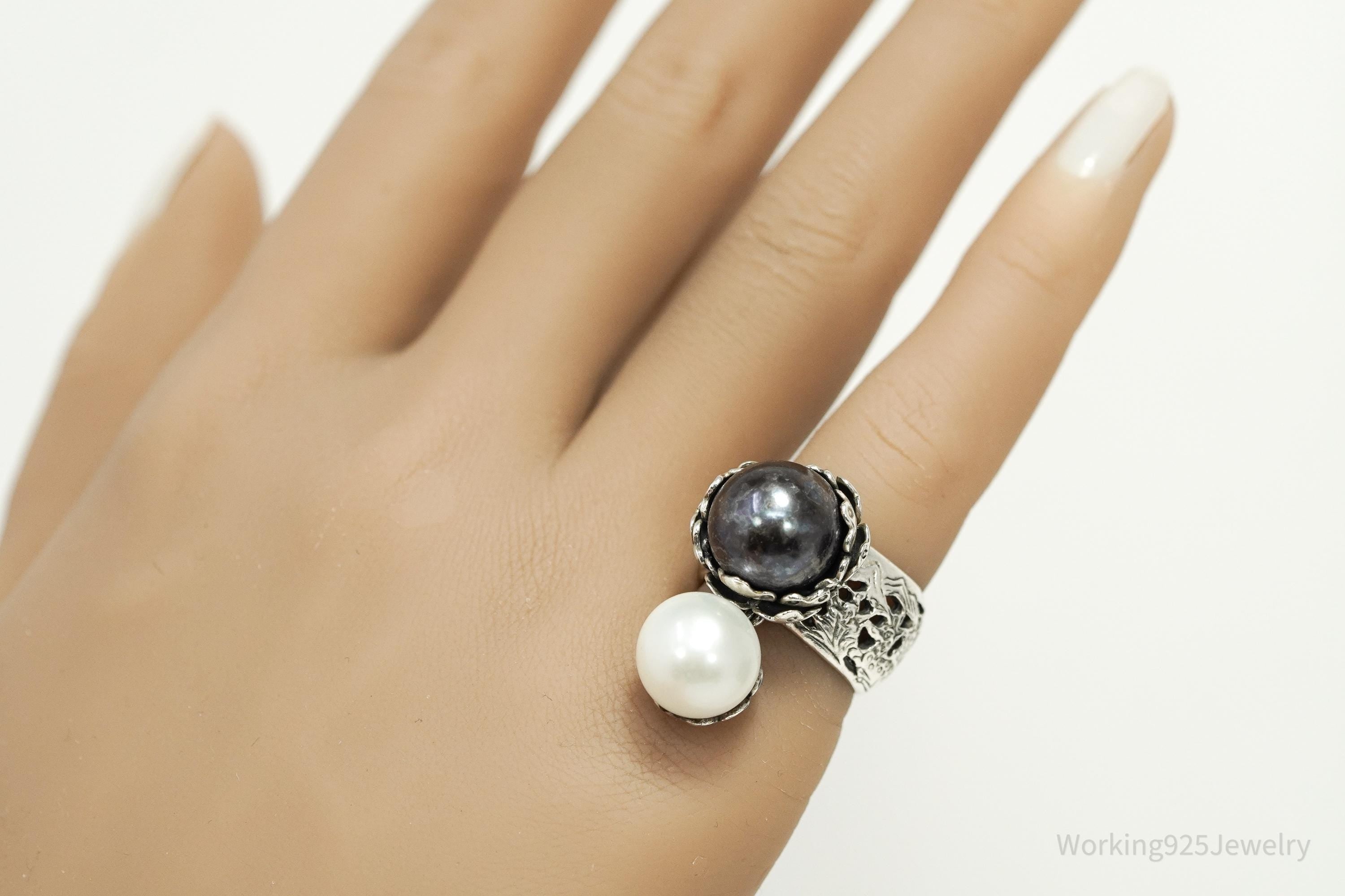 Vintage White & Tahitian Pearl Silver Ring Size 5.75