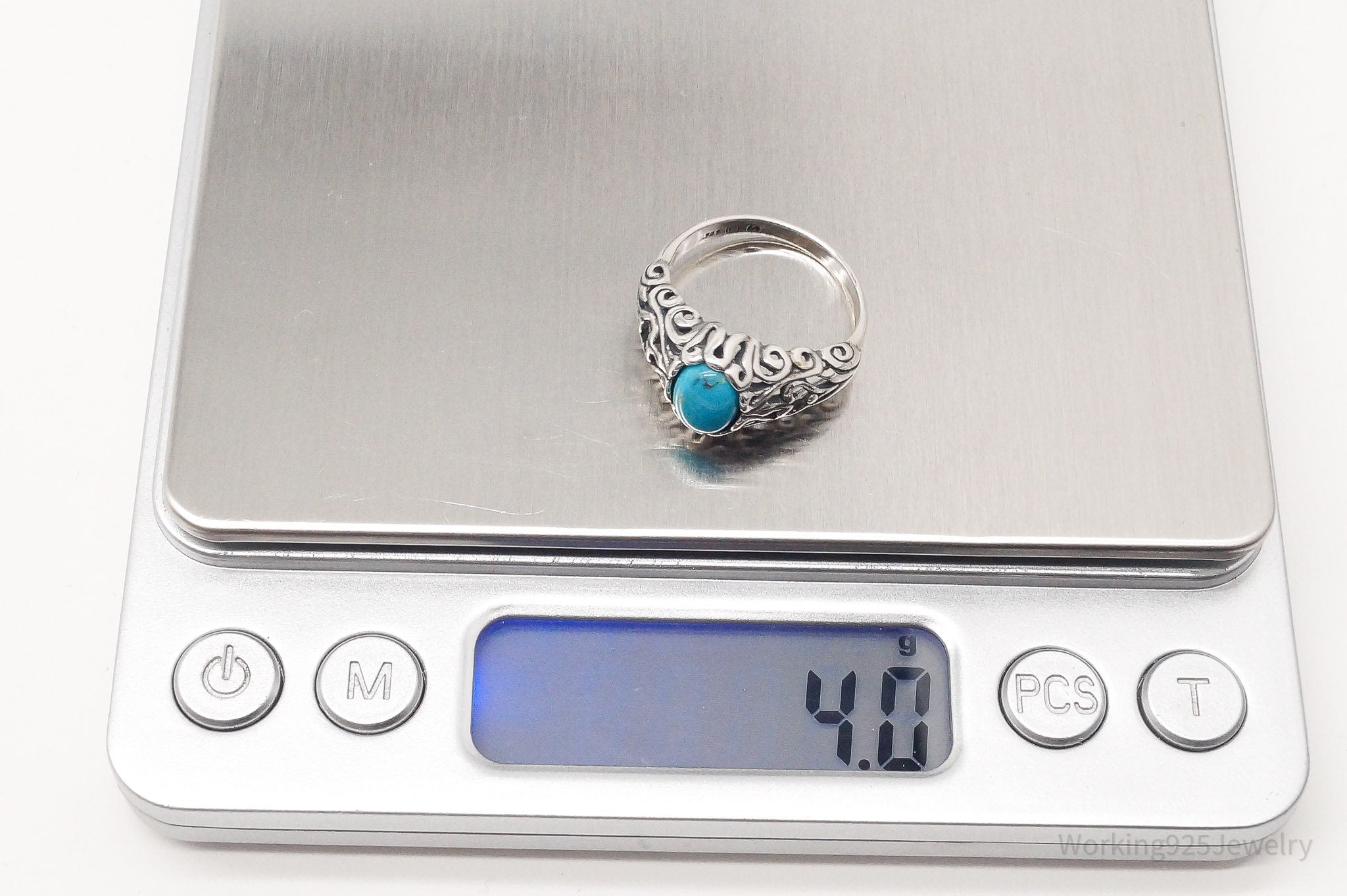 Vintage Blue Turquoise Scroll Swirl Sterling Silver Ring - Size 7.25