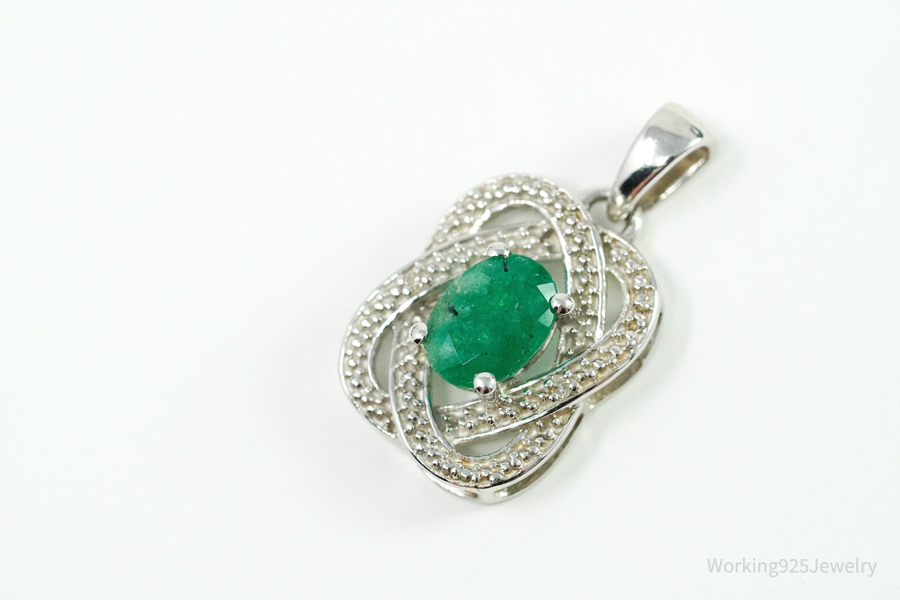 TGGC Emerald & Two Diamond Sterling Silver Necklace Pendant