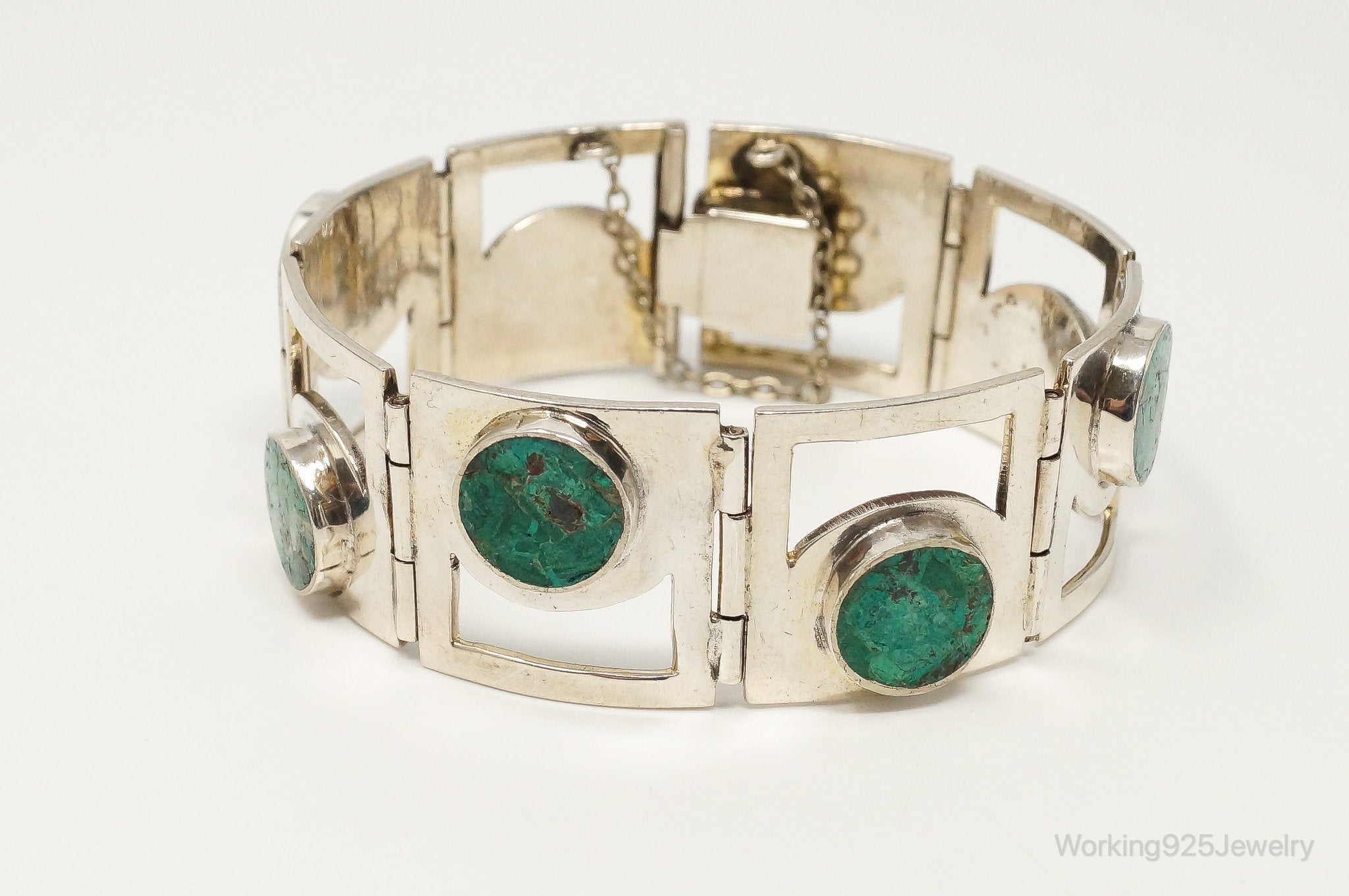 Vintage Taxco Designer Crushed Turquoise Sterling Silver Panel Bracelet