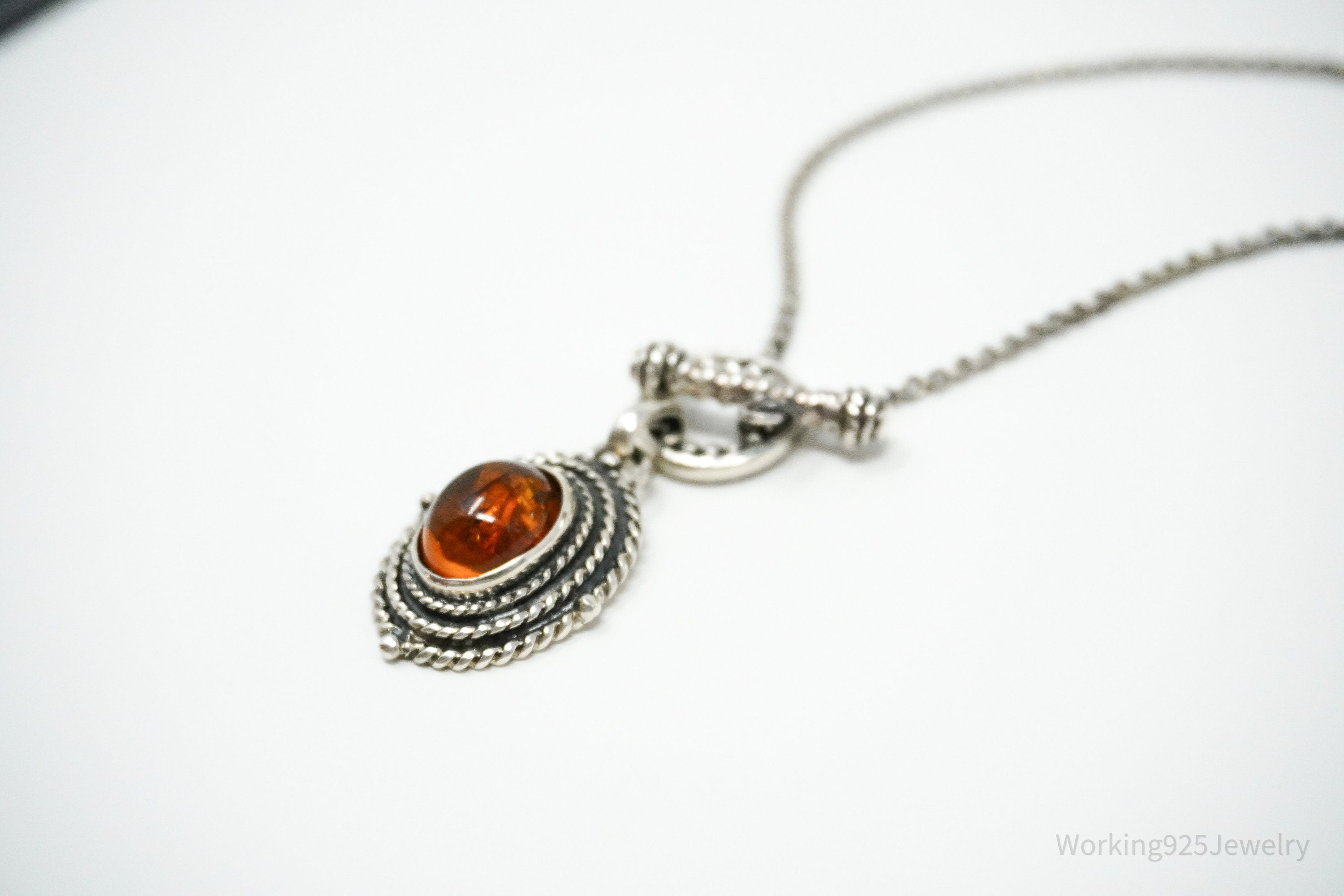 Vintage Amber Sterling Silver Toggle Necklace 18"