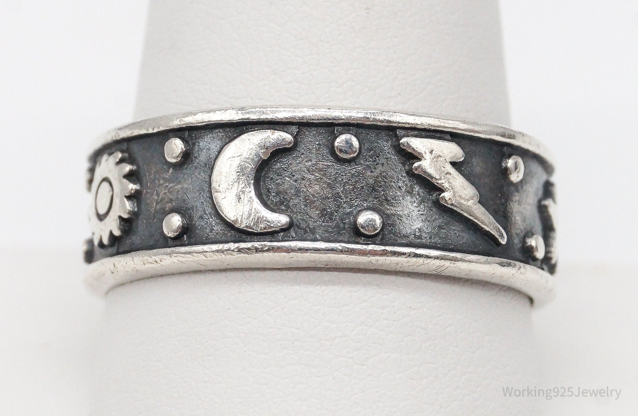 Vintage Star Moon Stars Oxidized Sterling Silver Band Ring - Size 11.25