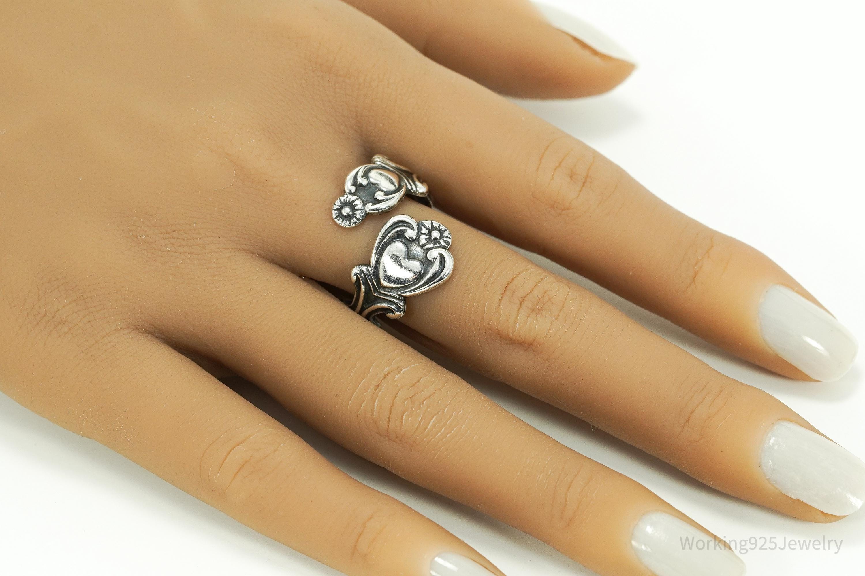 Vintage Avon Hearts & Flowers Sterling Silver Adjustable Wrap Spoon Ring - Size 10.25