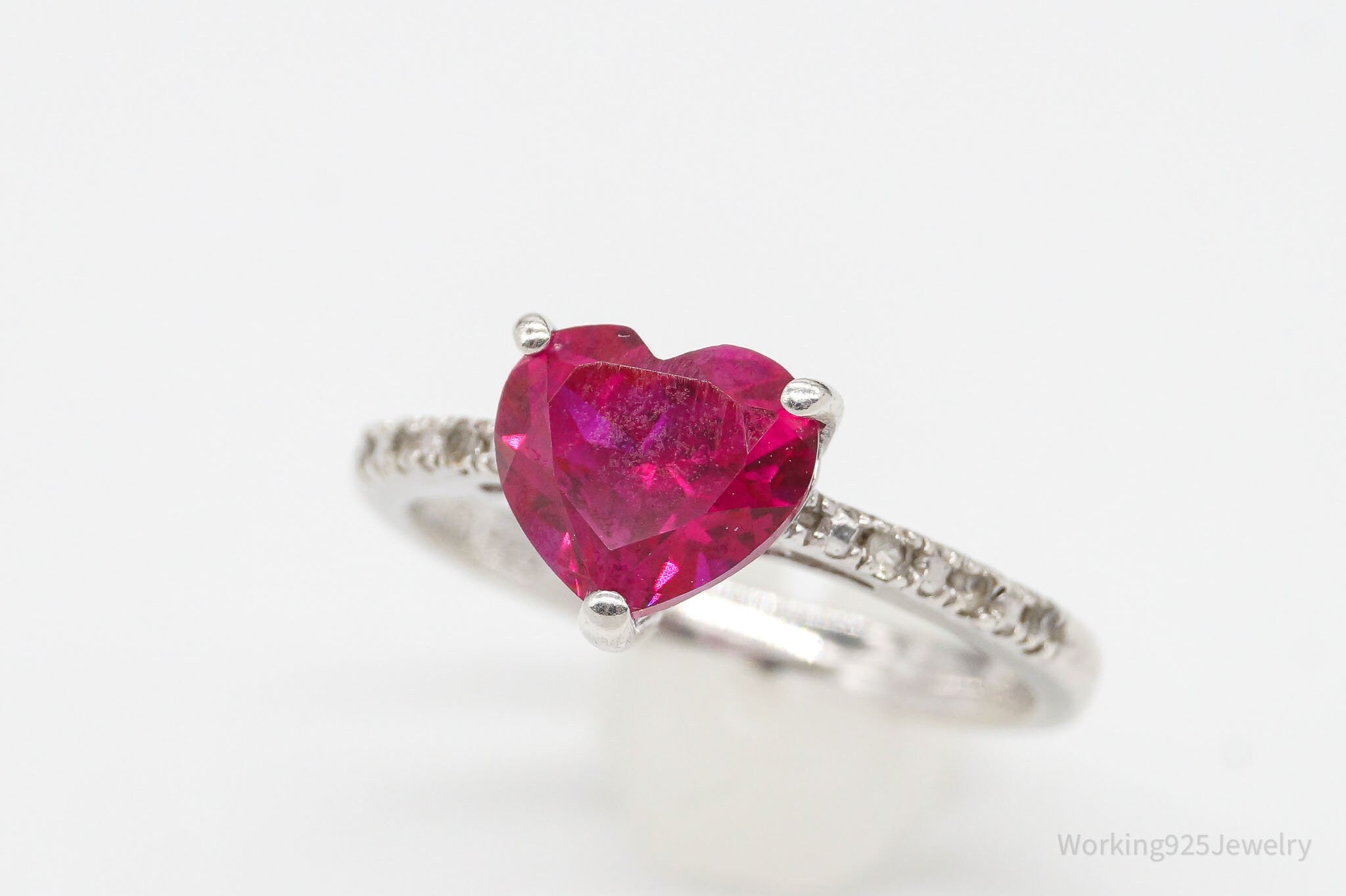 Vintage Ruby Heart Cubic Zirconia Sterling Silver Ring - Size 6.75