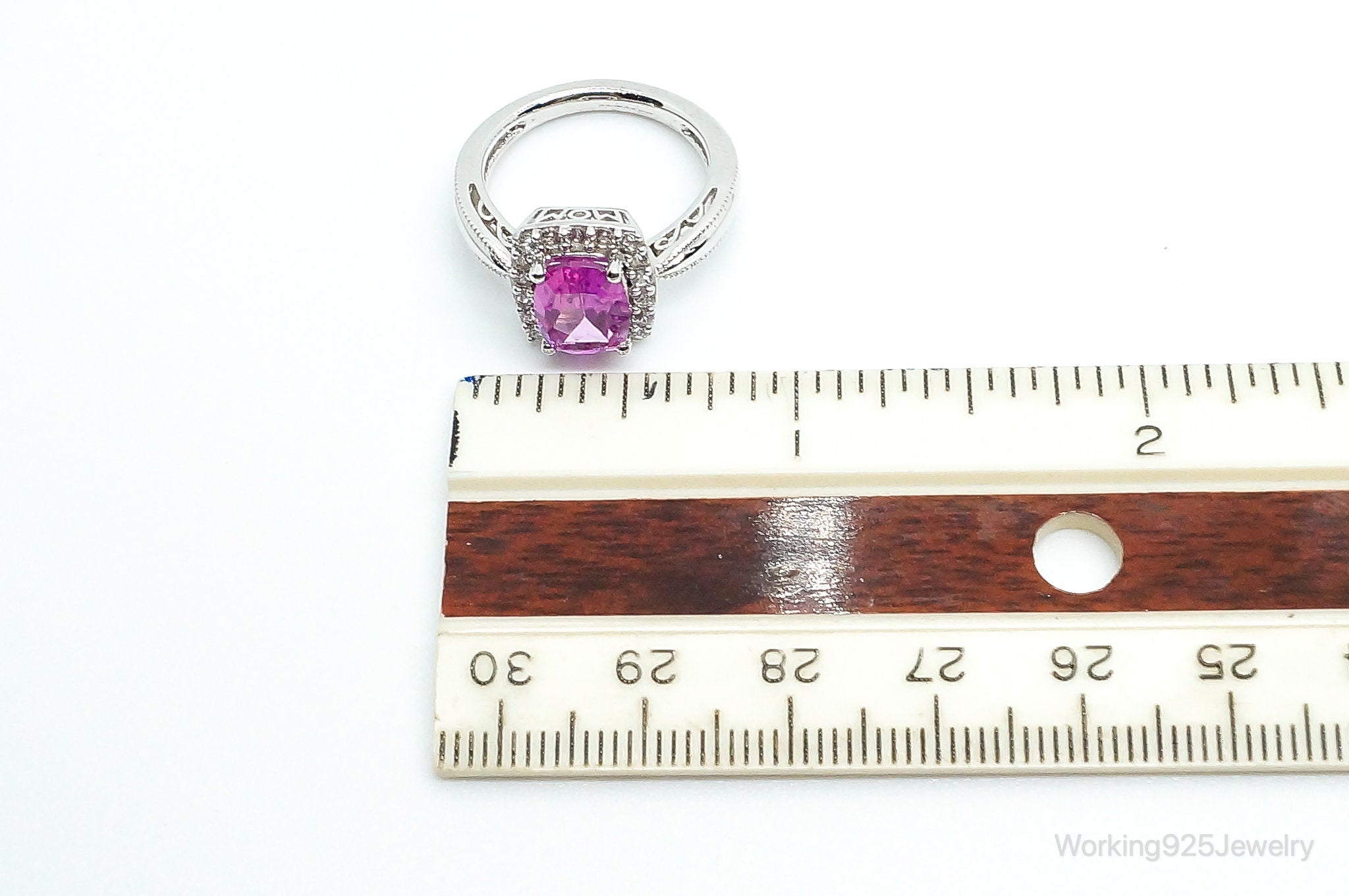 Fuchsia Tourmaline Cubic Zirconia "Mom" Sterling Silver Ring - Size 6.75