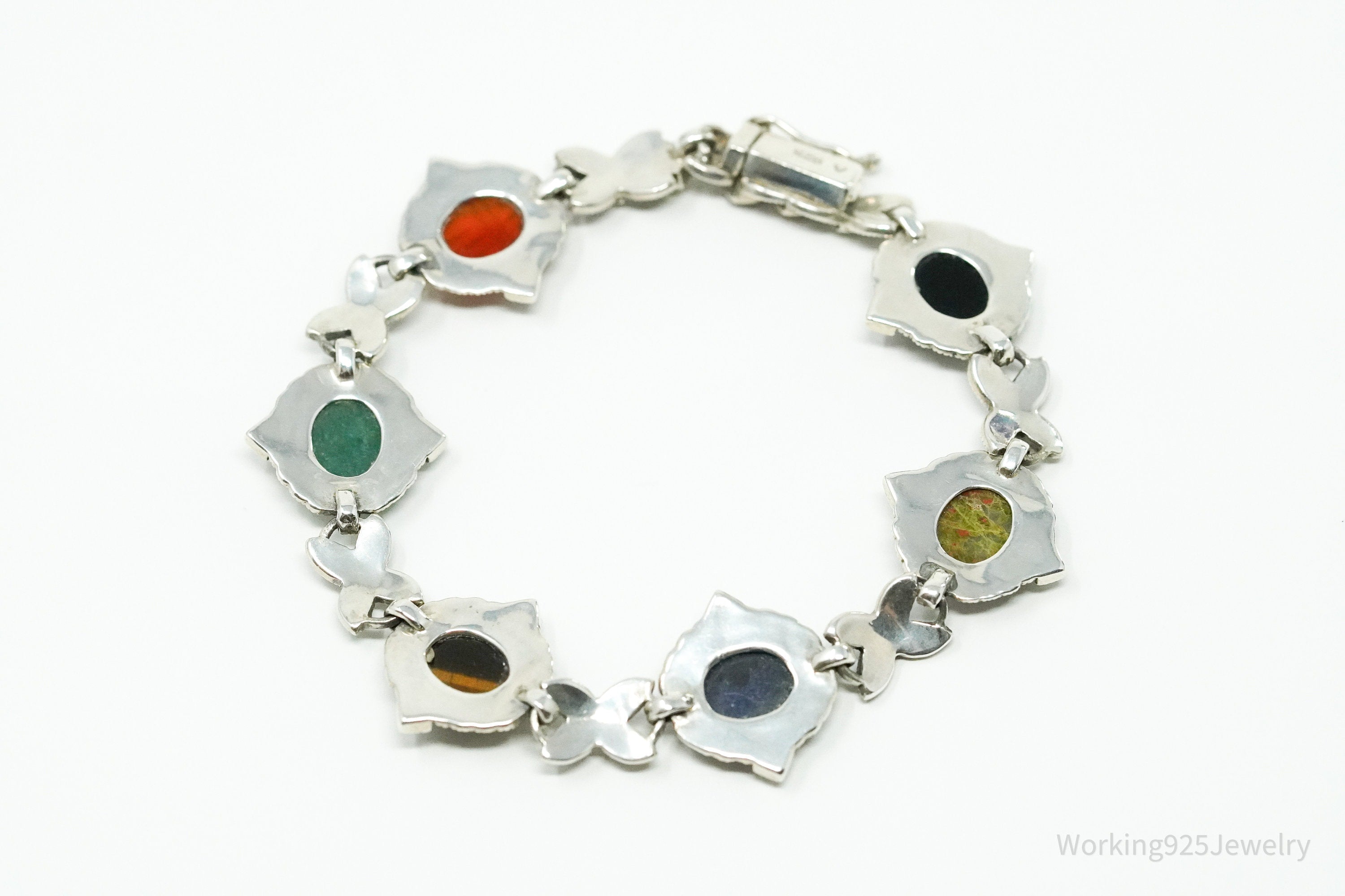 Vintage Carved Scarab Multiple Gemstone Sterling Silver Bracelet 7.5"