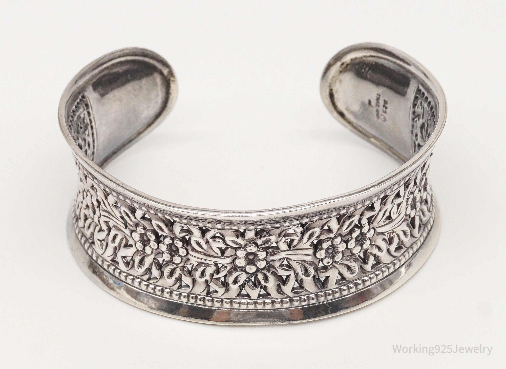 Vintage Thai Designer Floral Pattern Oxidized Sterling Silver Cuff Bracelet