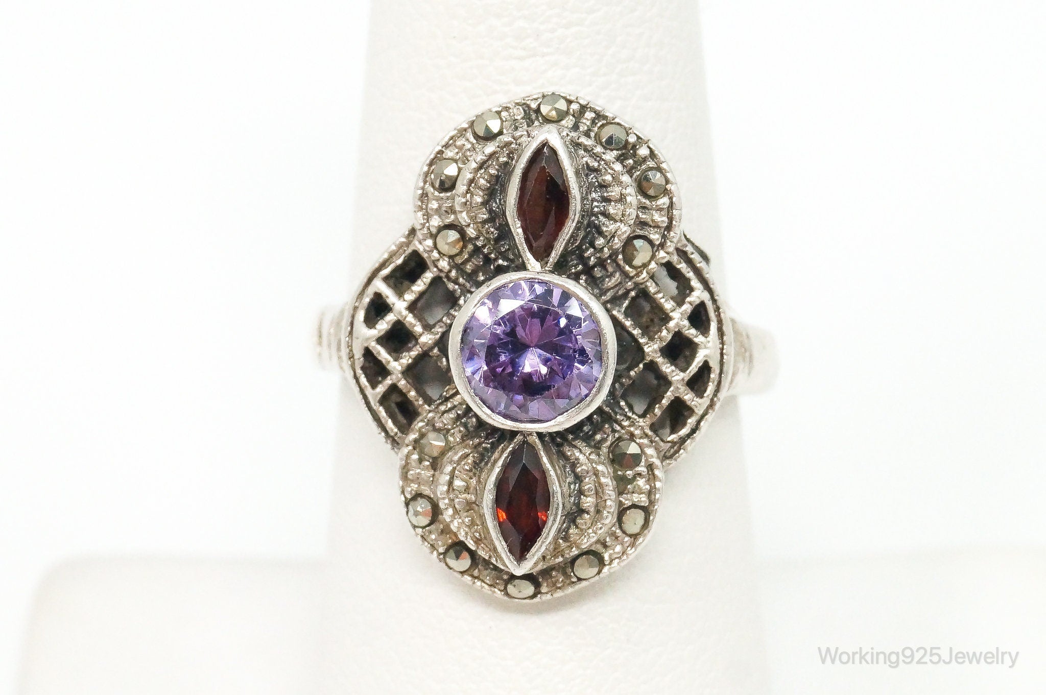 Vintage Marcasite Amethyst Garnet Sterling Silver Ring - Size 7.25