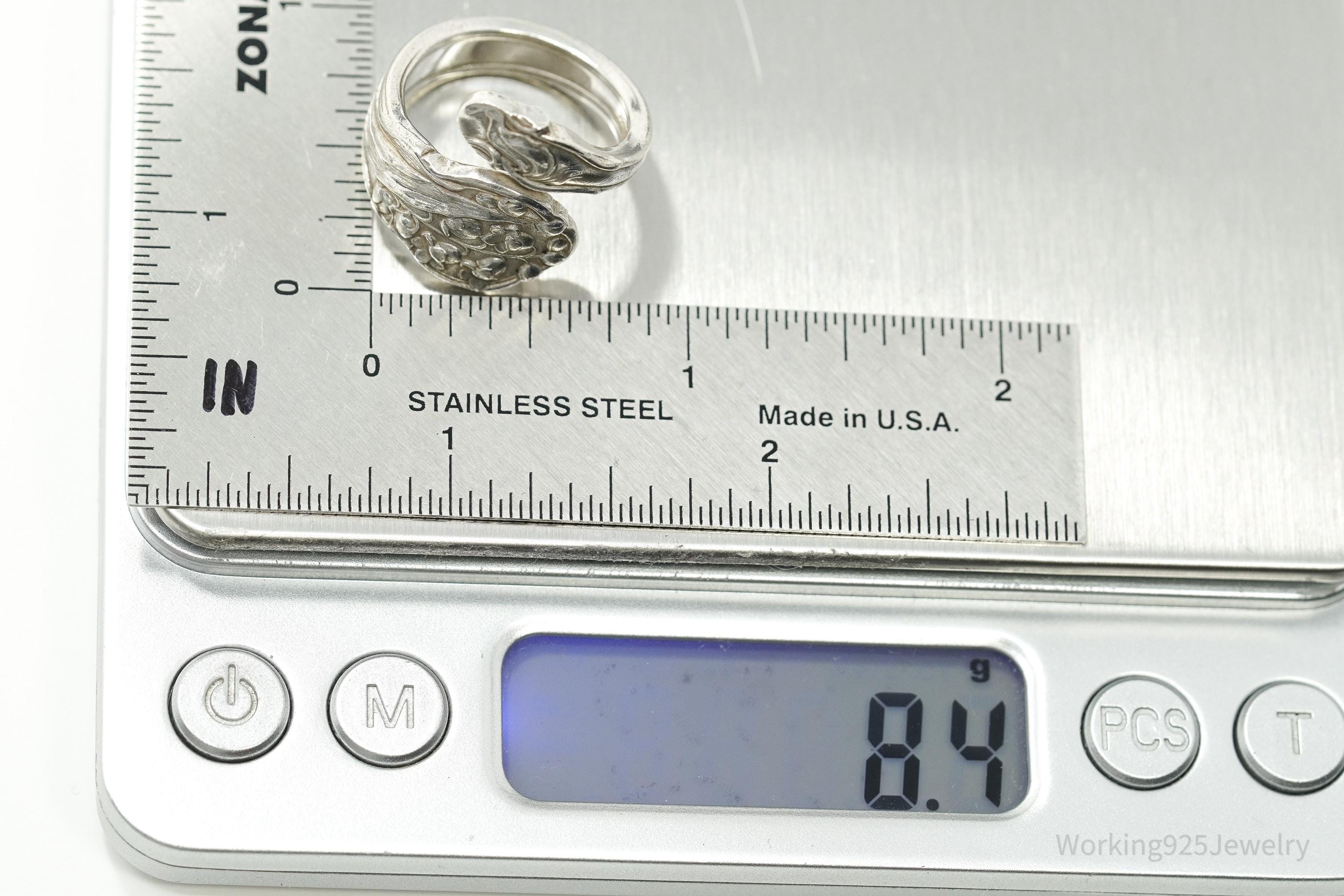 Antique GORHAM Flower Sterling Silver Wrap Spoon Ring - Size 7.25