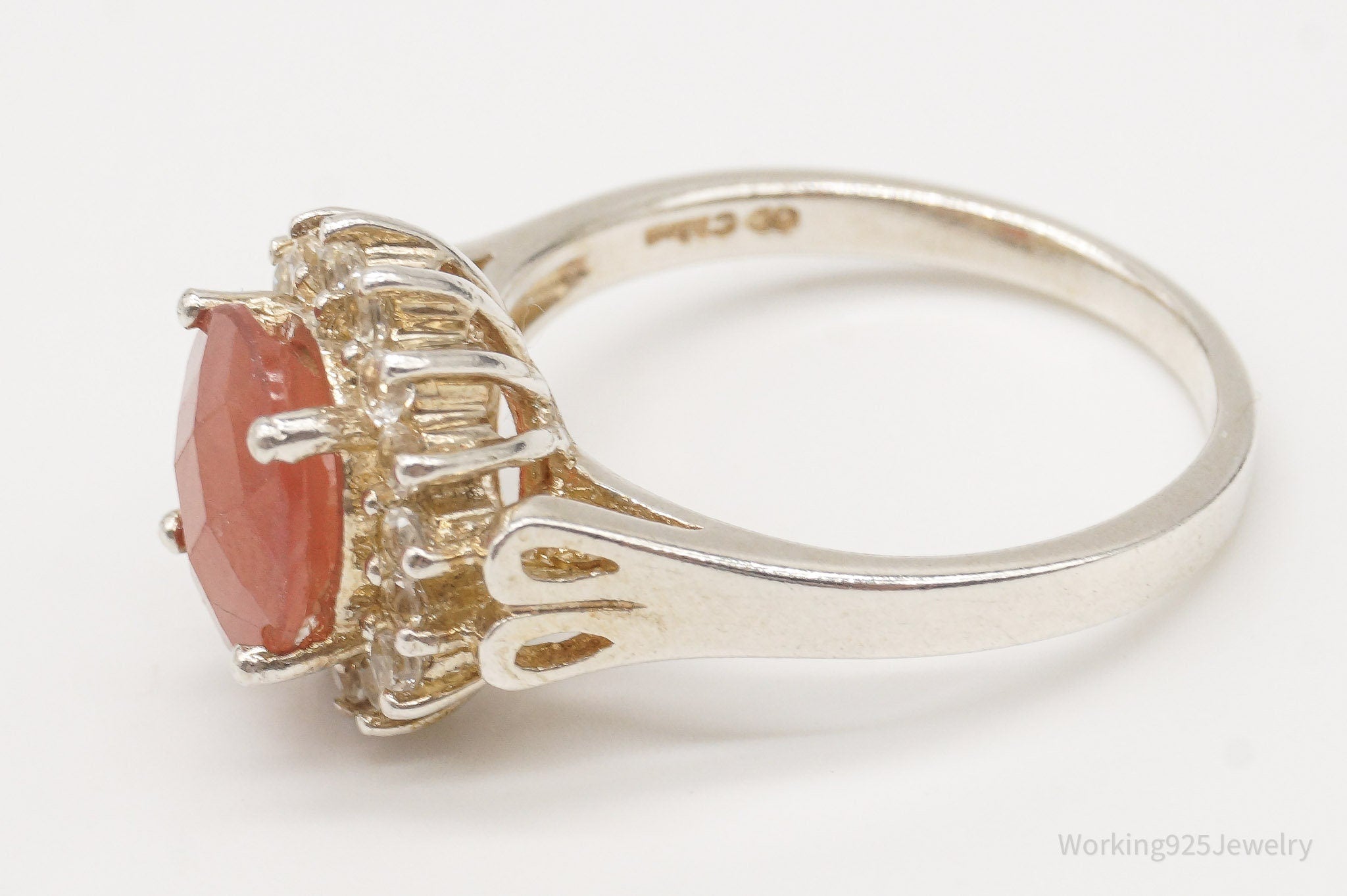 Vintage Peach Stone Cubic Zirconia Sterling Silver Ring - Size 9.75