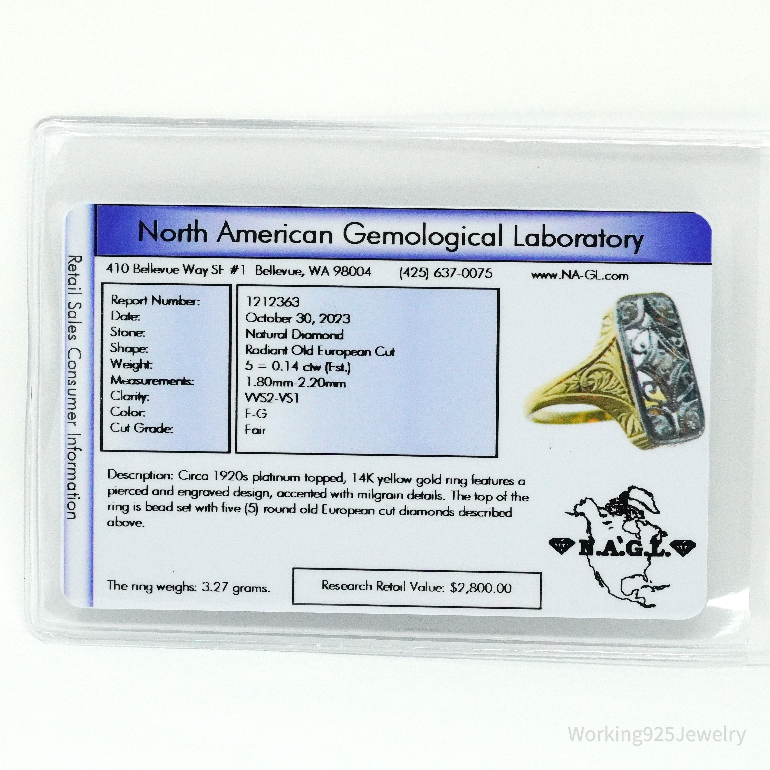 1920s 14k Yellow Gold & Platinum European Cut Diamond Ring - Size 5 1/4