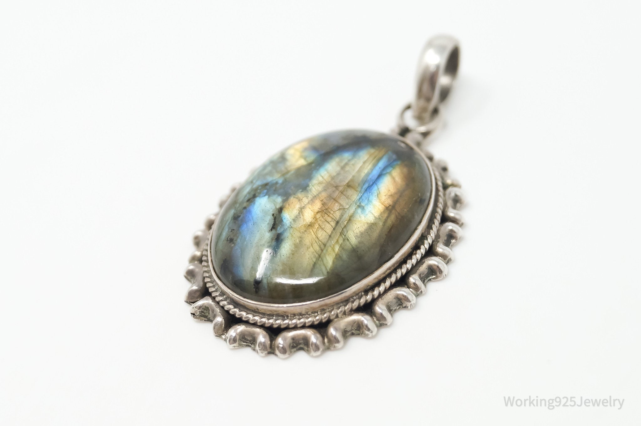 Vintage Large Labradorite Sterling Silver Necklace Pendant