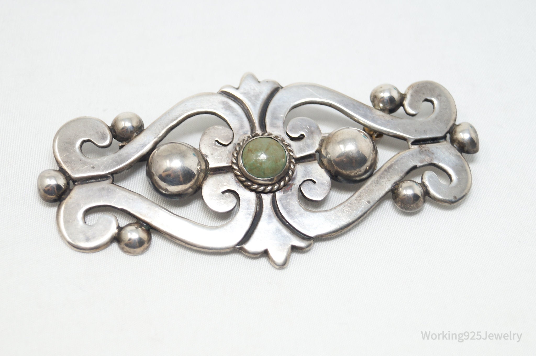 Large Vintage Taxco Mexico Turquoise Modernist 980 Silver Brooch Pin