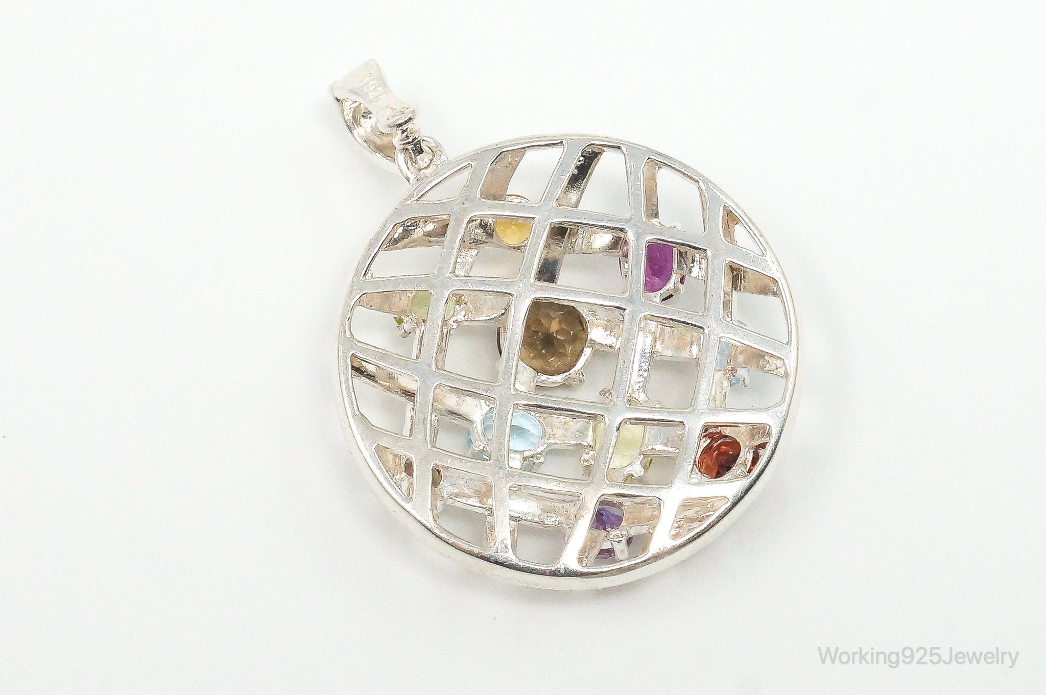 Vintage Multi Gemstone Sterling Silver Necklace Pendant