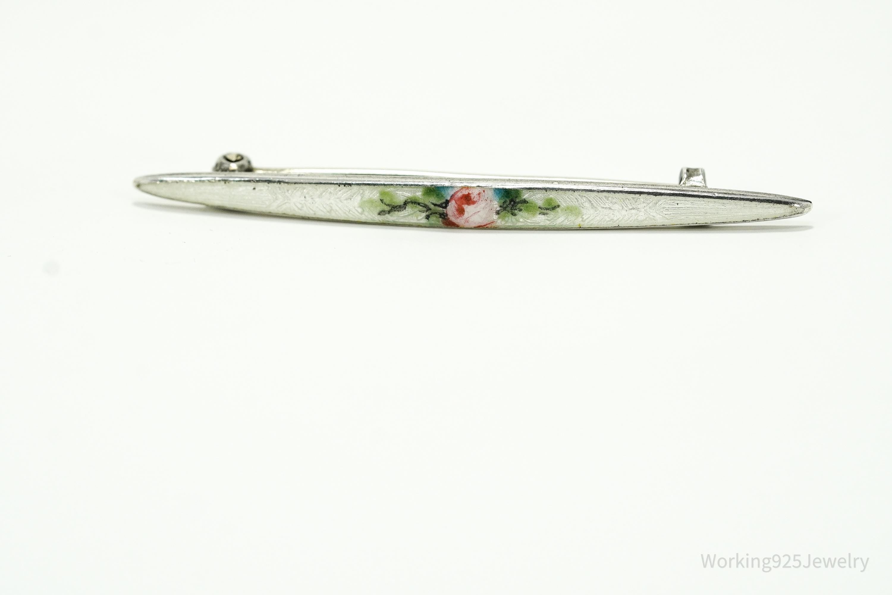 Antique Victorian Rose Guilloche Enamel Sterling Silver Brooch Pin