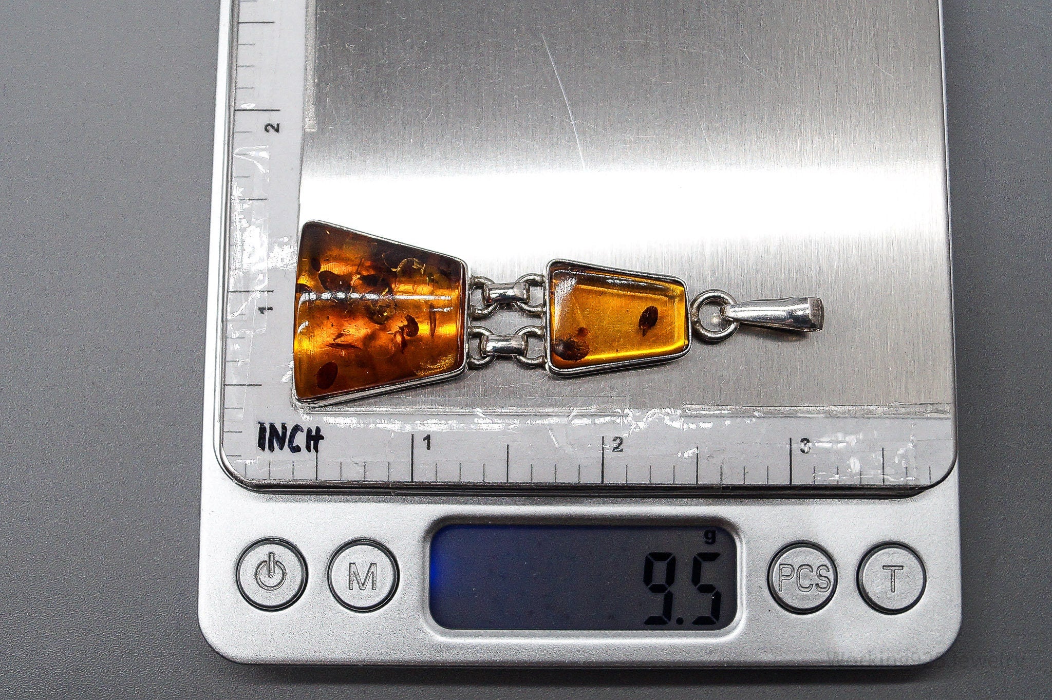 Large Vintage Amber Silver Necklace Pendant