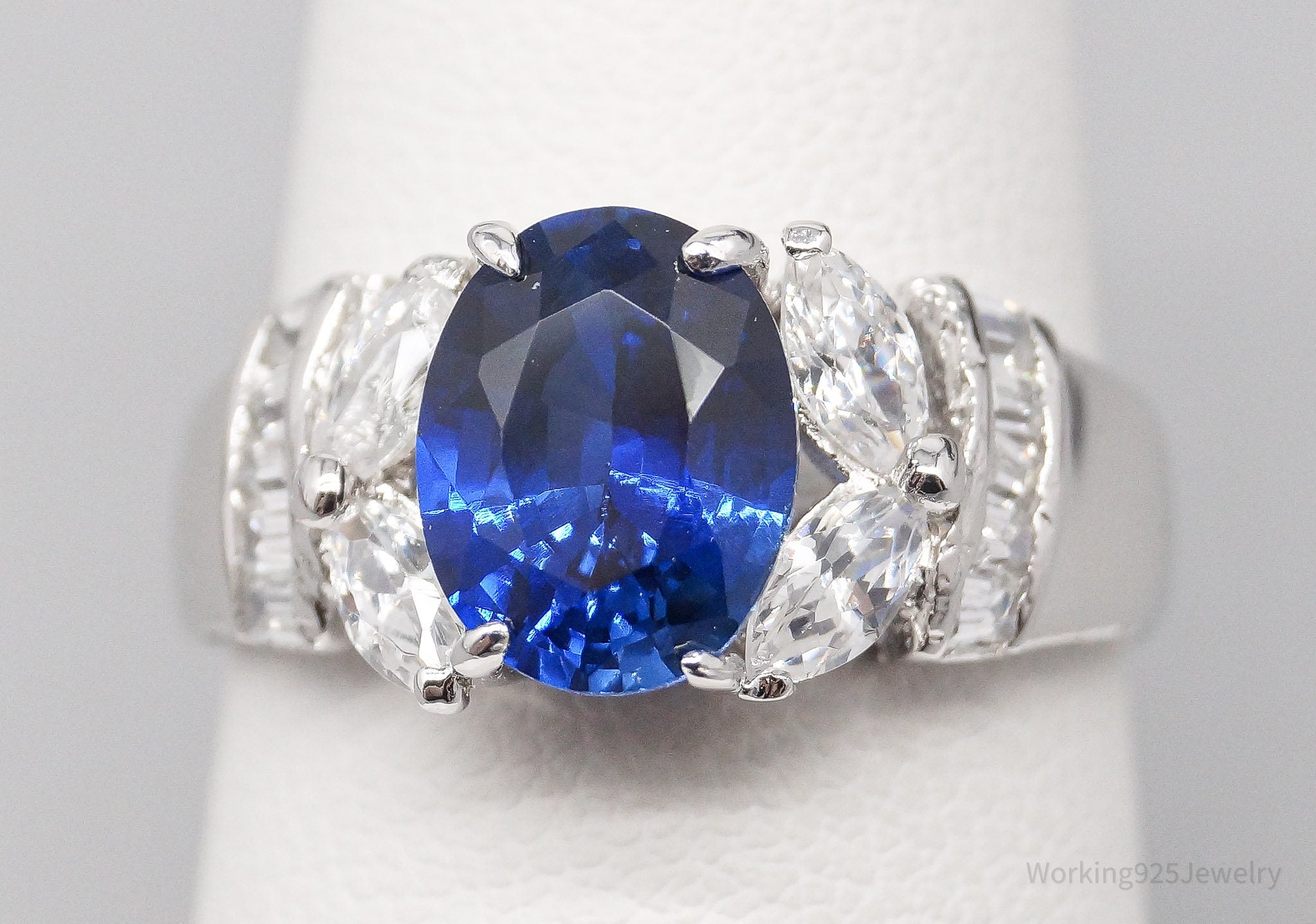 Vintage Lab Sapphire Cubic Zirconia 18Kt White Gold Ring Size 7.25