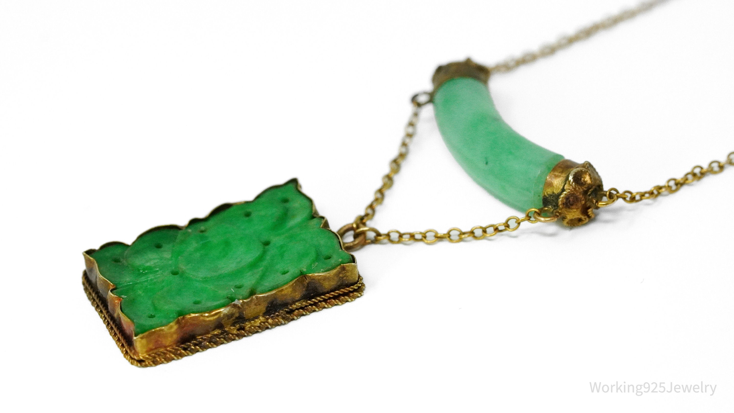 14K Yellow Gold & Carved Jadeite Jade Tablet Necklace 15"