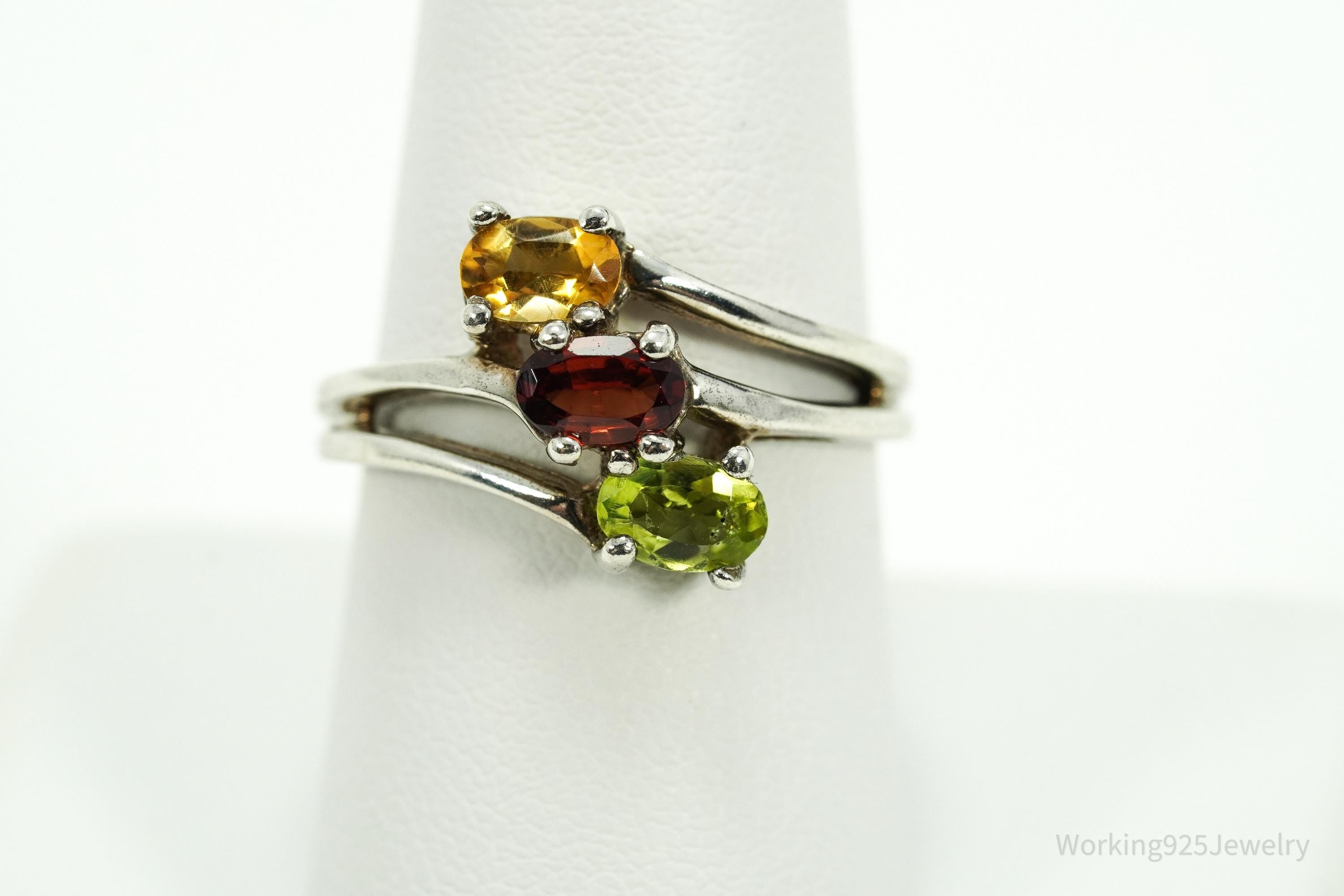 Vintage Citrine Garnet & Peridot Sterling Silver Ring - Size 9.25