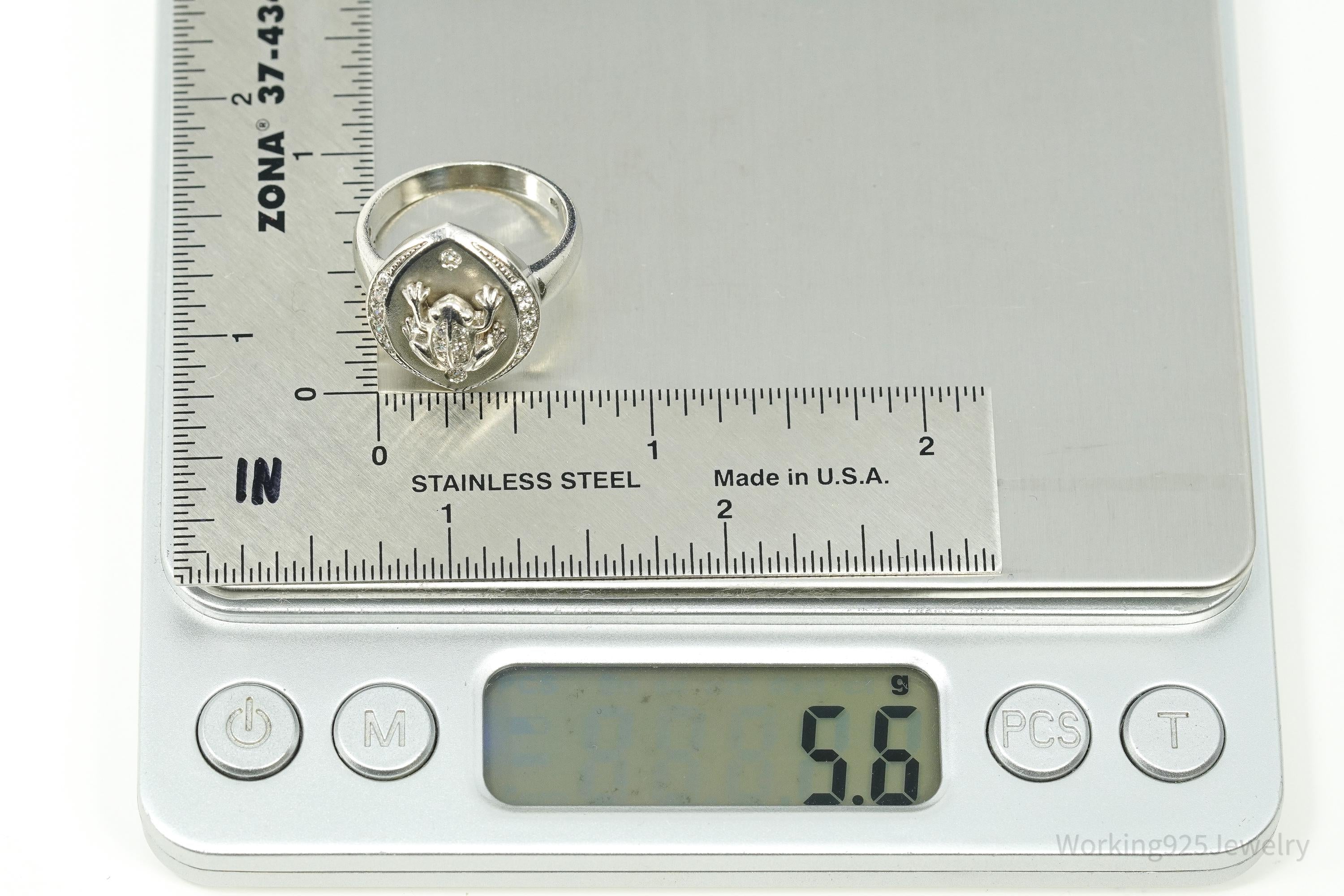 Vintage Frog Cubic Zirconia Sterling Silver Ring - Size 8.25