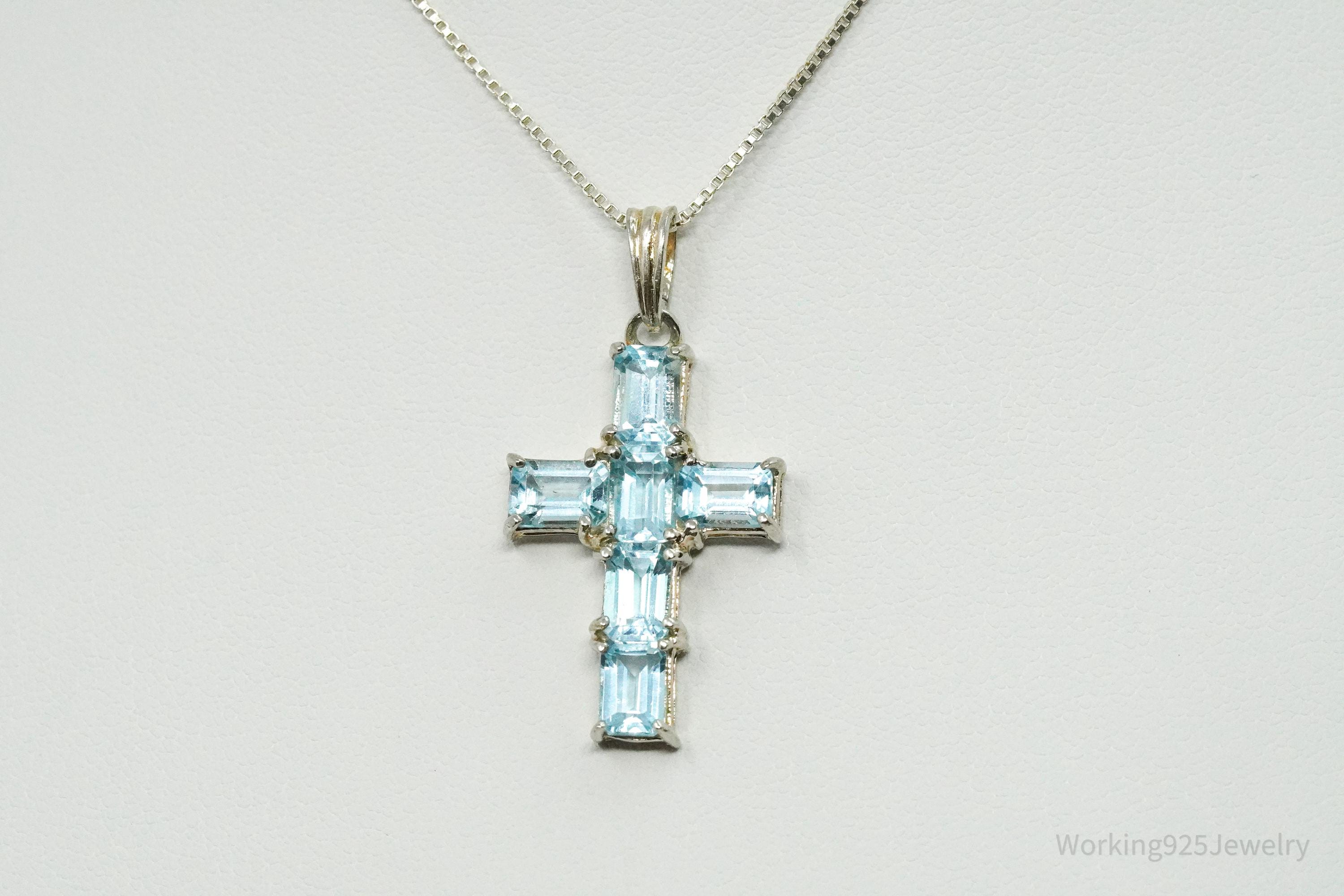 Vintage Blue Topaz Cross Sterling Silver Necklace 18"
