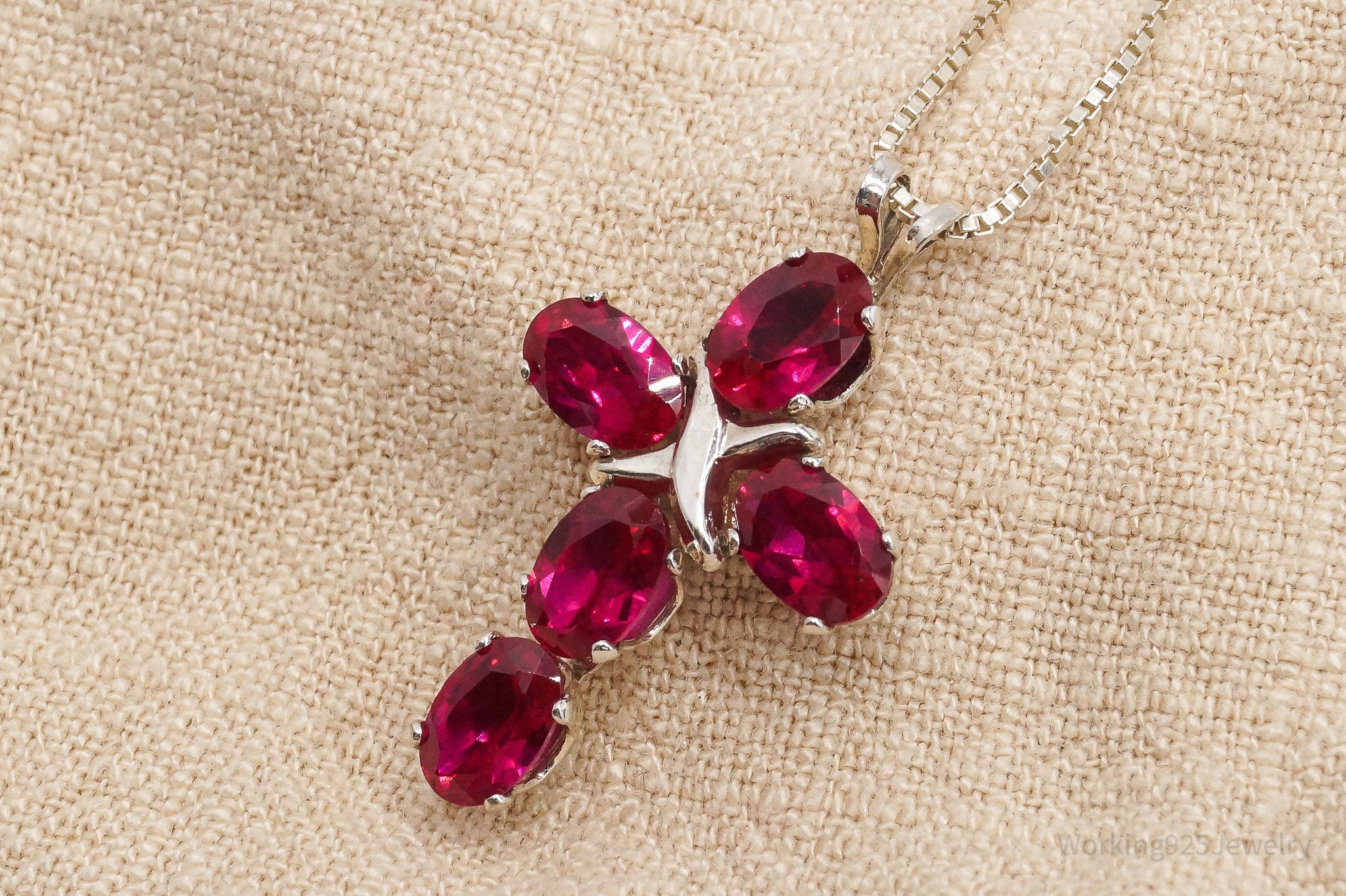 Vintage Lab Ruby Cross Sterling Silver Necklace 16"