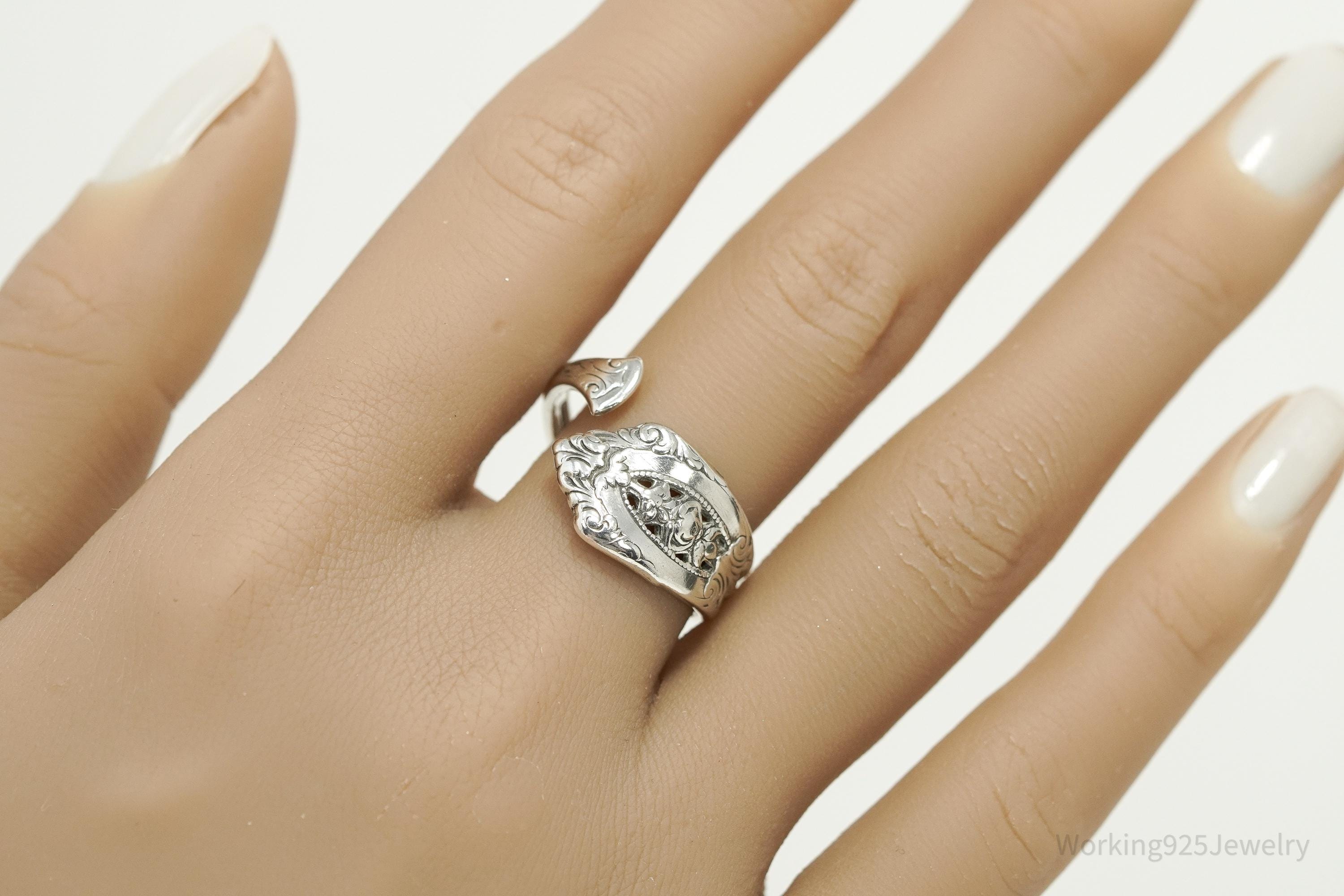 Antique WALLACE Floral Sterling Silver Spoon Ring - Size 9.5