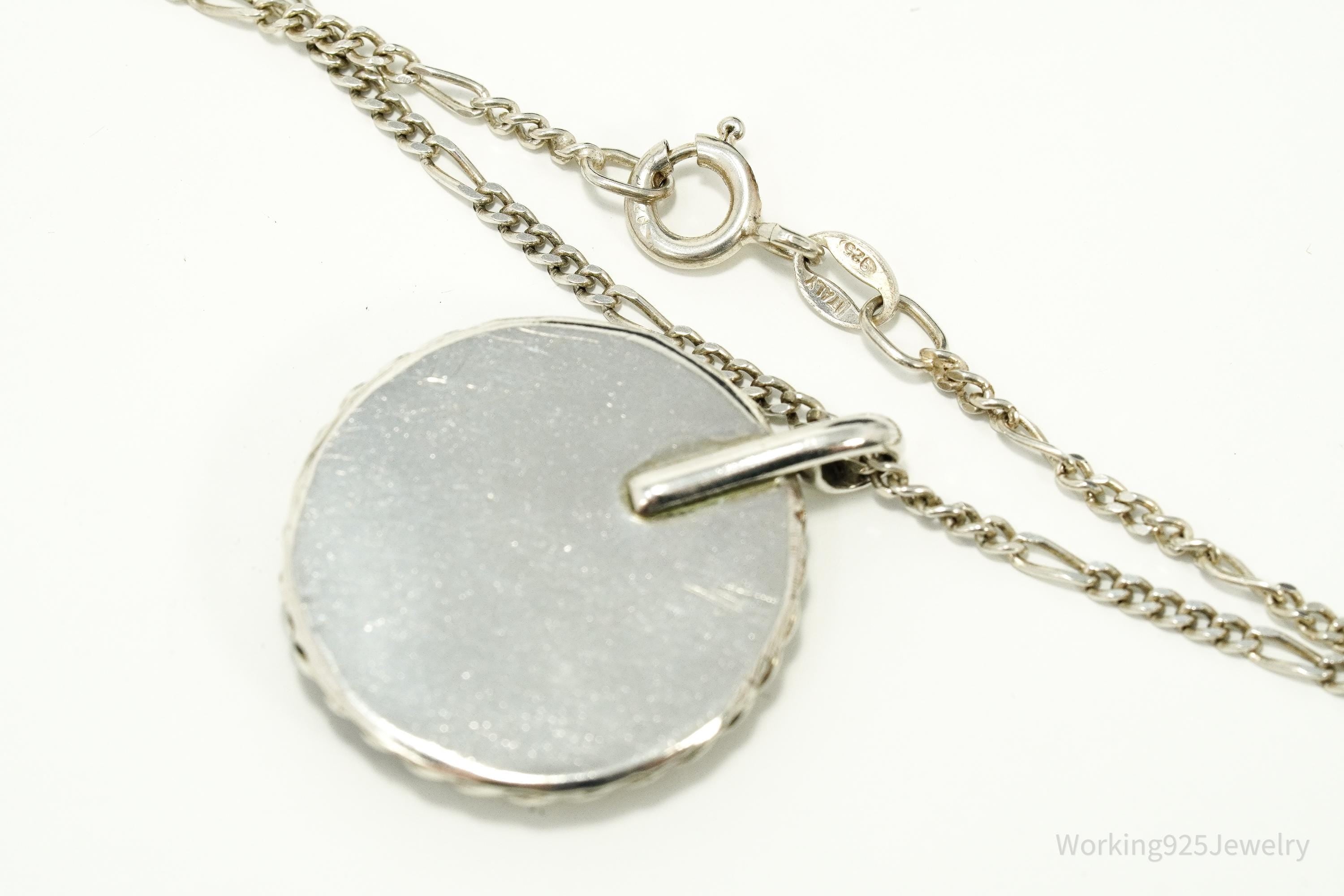 Vintage Green, Blue & White Enamel Inlay Sterling Silver Necklace 18"