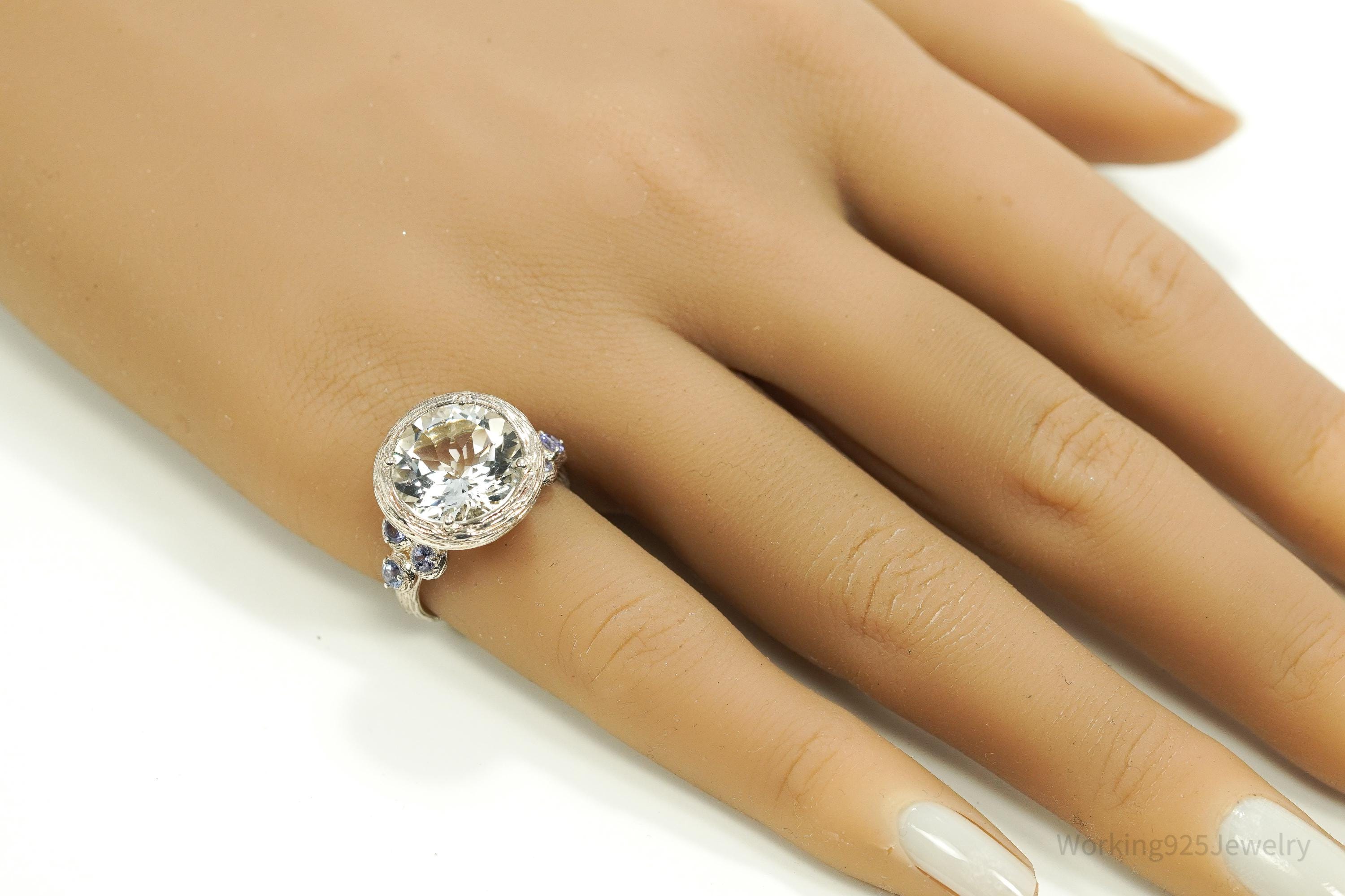 Vintage Israel Designer Paz PZ Clear Quartz & Tanzanite Sterling Silver Ring - Size 6.25