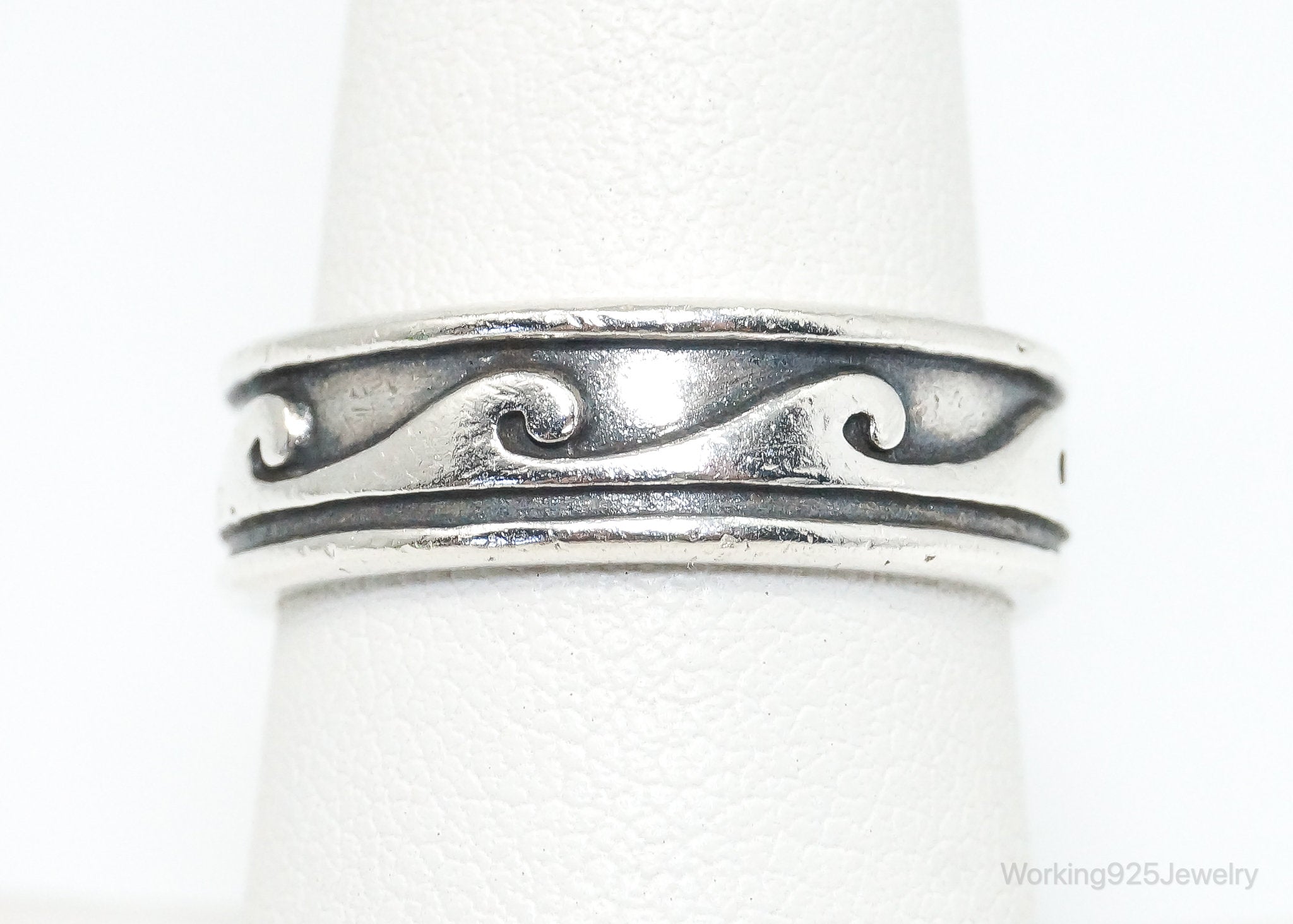 Vintage Mexico Wave Scroll Oxidized Design Sterling Silver Band Ring - Size 8