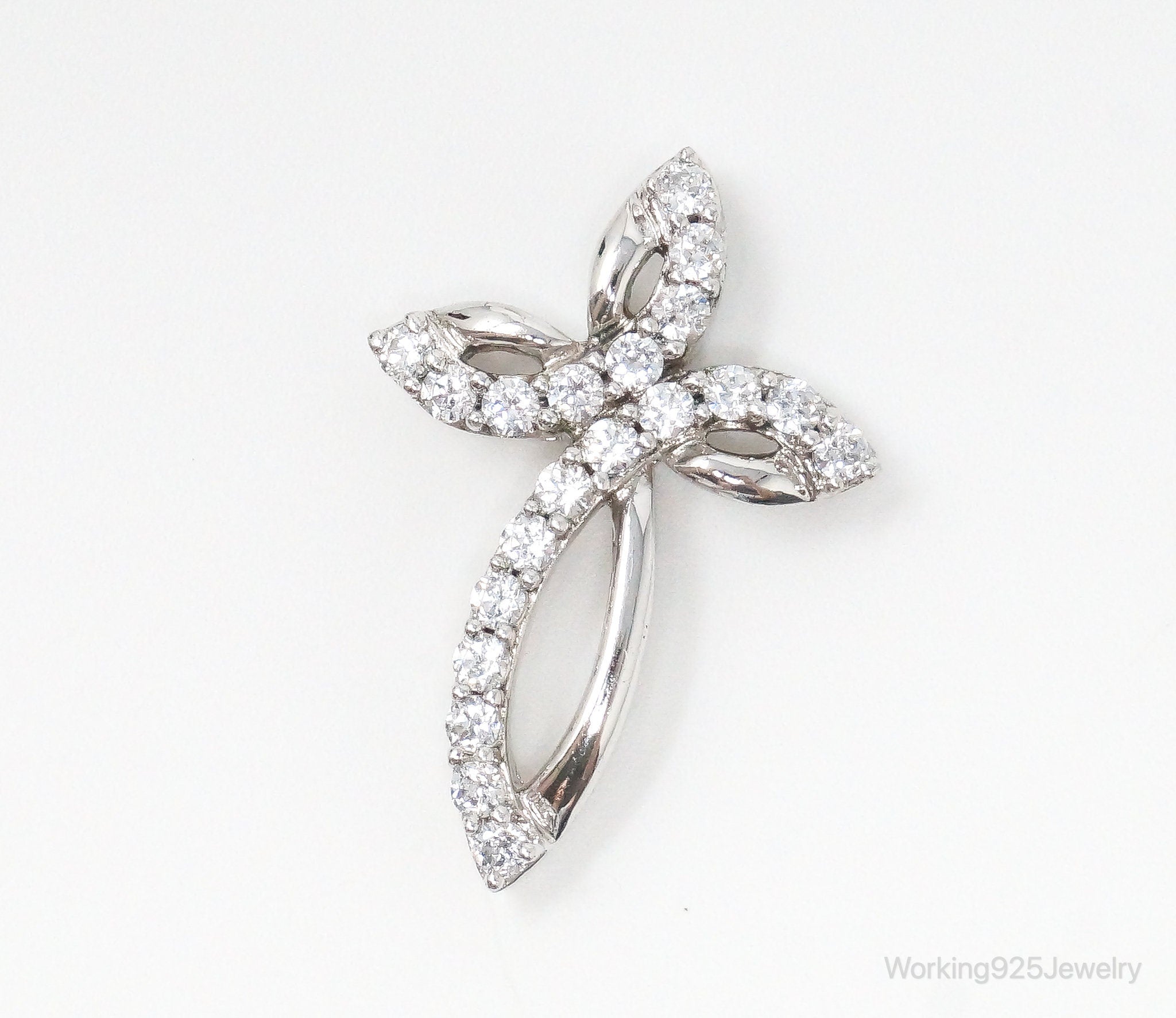 Vintage Cubic Zirconia Cross Sterling Silver Necklace Pendant