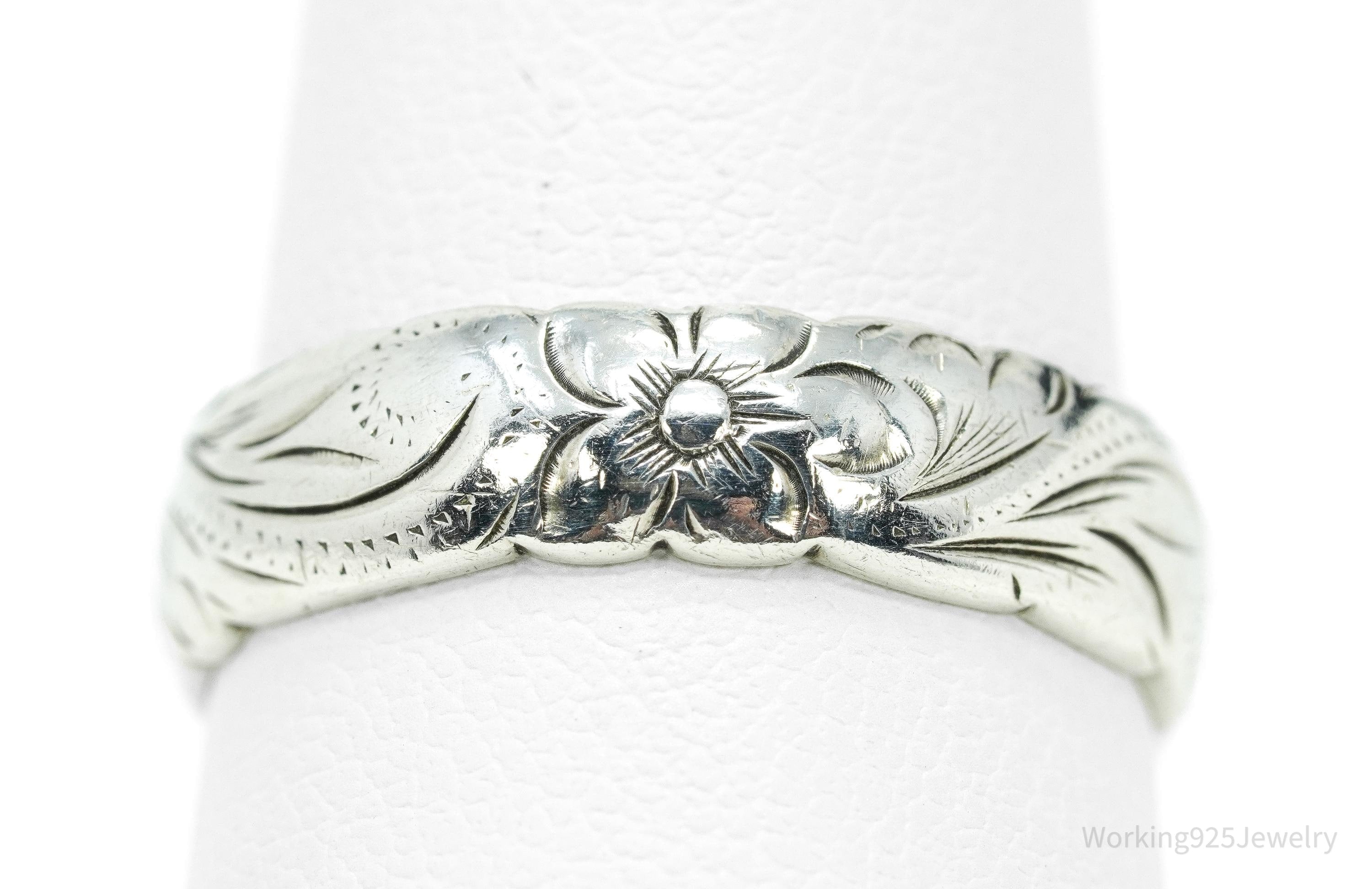 Vintage Flowers Floral Sterling Silver Band Ring - Size 8