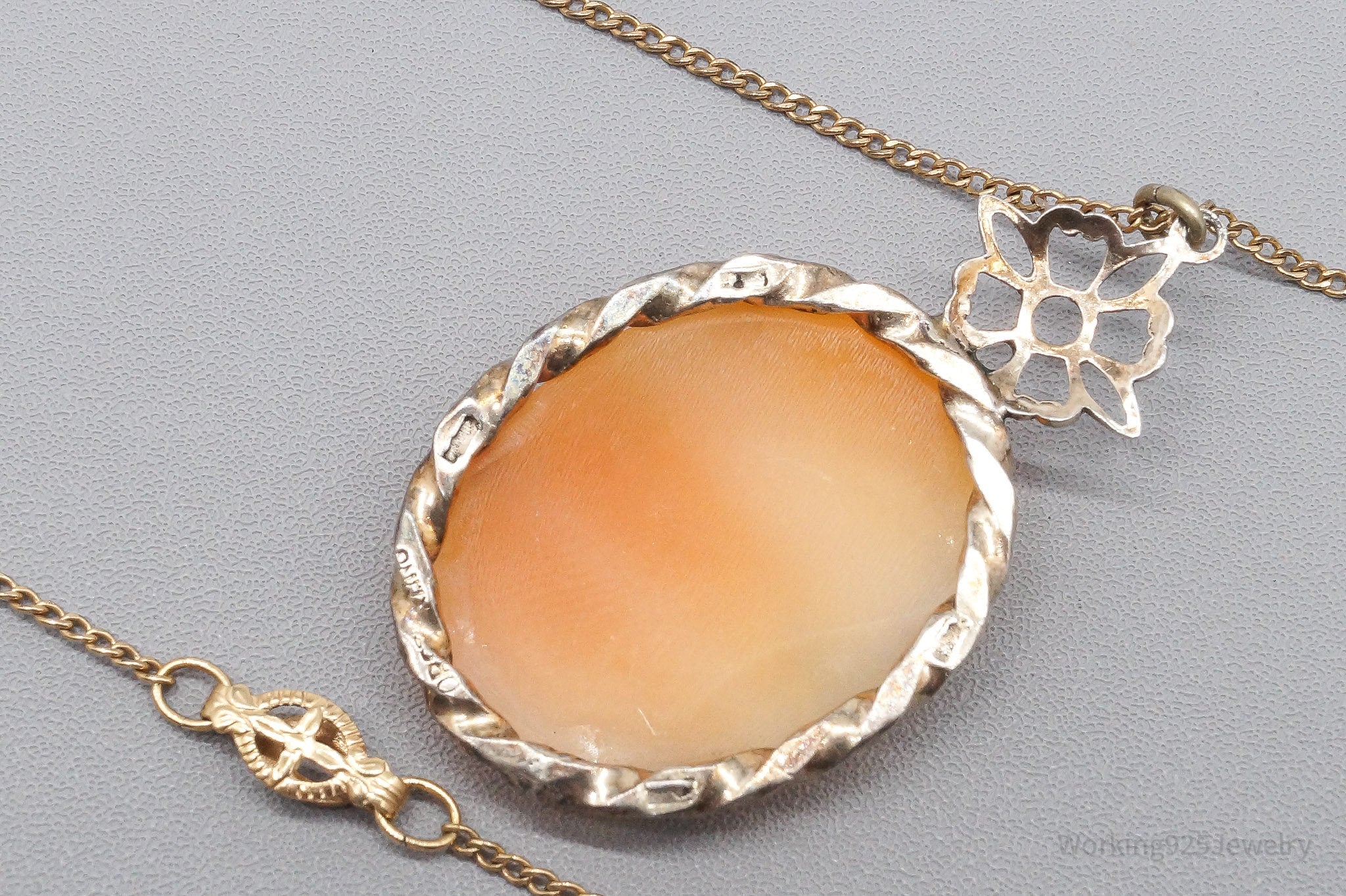 Antique Victorian Ostby Barton Shell Cameo Titanic 12K GF Sterling Silver Necklace 16"