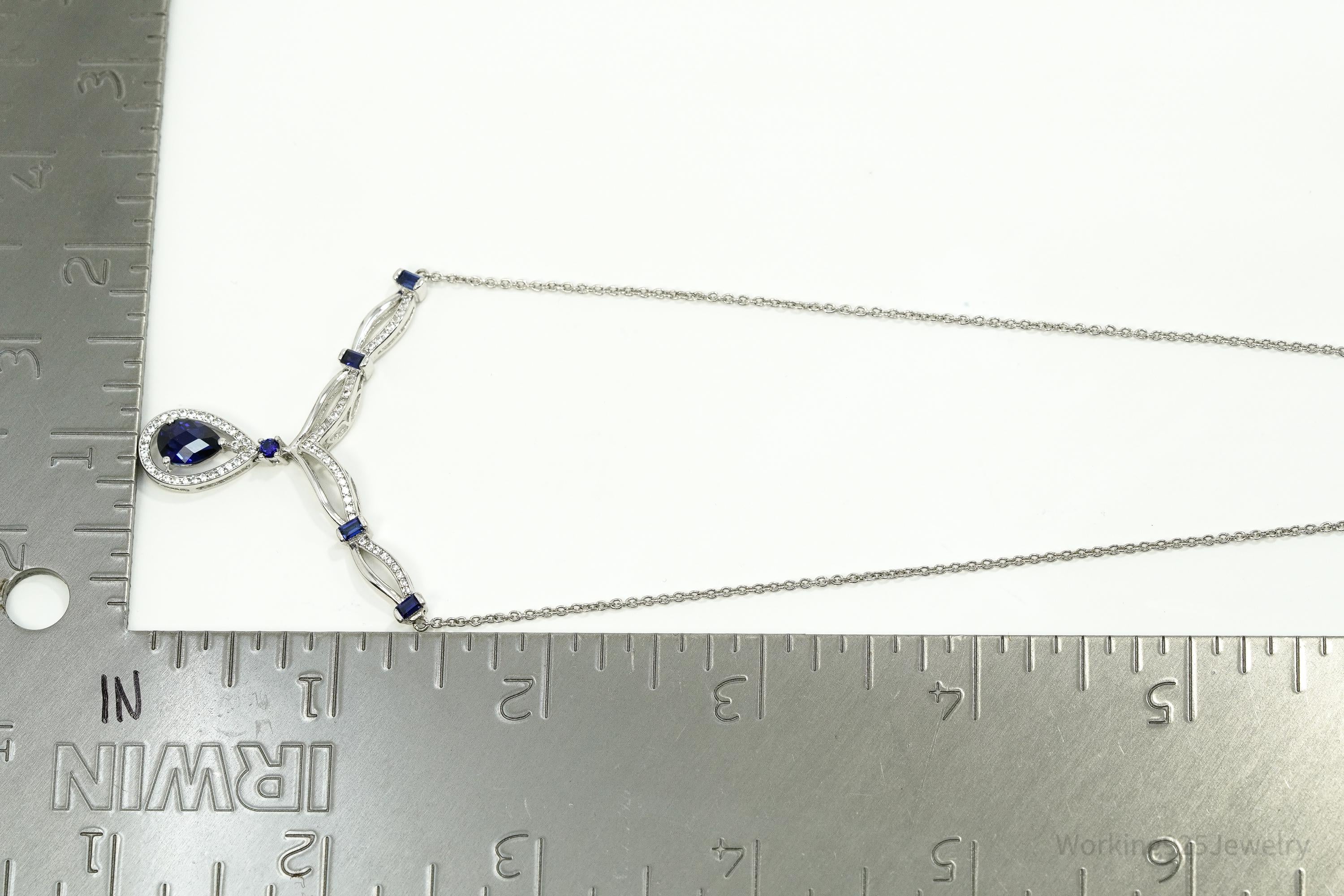 Vintage Blue & White Sapphire Sterling Silver Necklace 15"