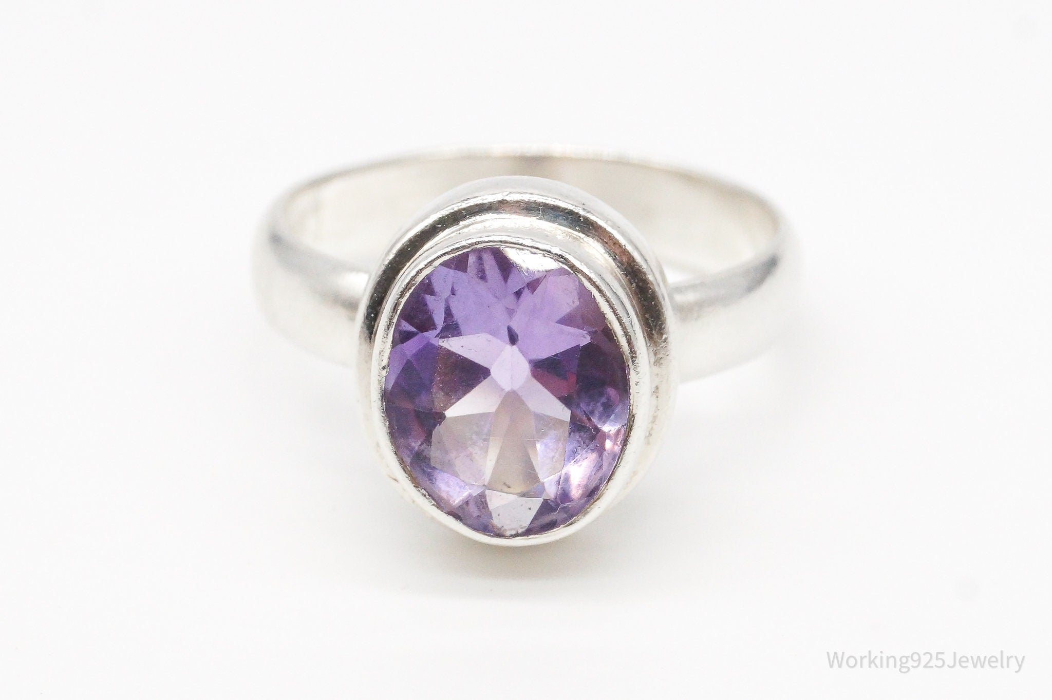 Vintage Large Amethyst Sterling Silver Ring - Size 8.75